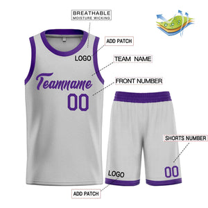 Uniforme de sport personnalisé gris violet, ensembles classiques de basket-ball, maillot de basket-ball