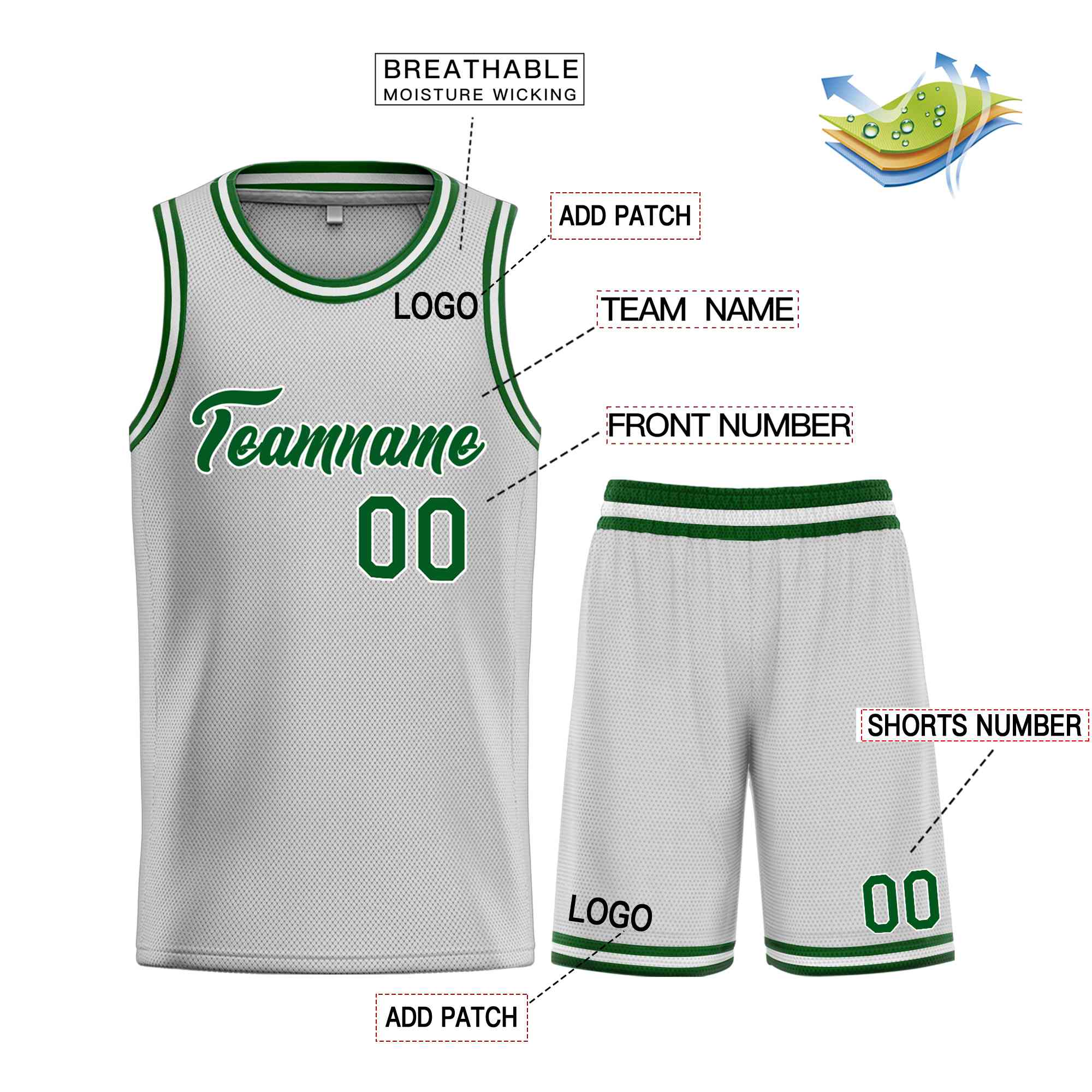 Uniforme de sport personnalisé gris vert-blanc, ensembles classiques de basket-ball, maillot de basket-ball