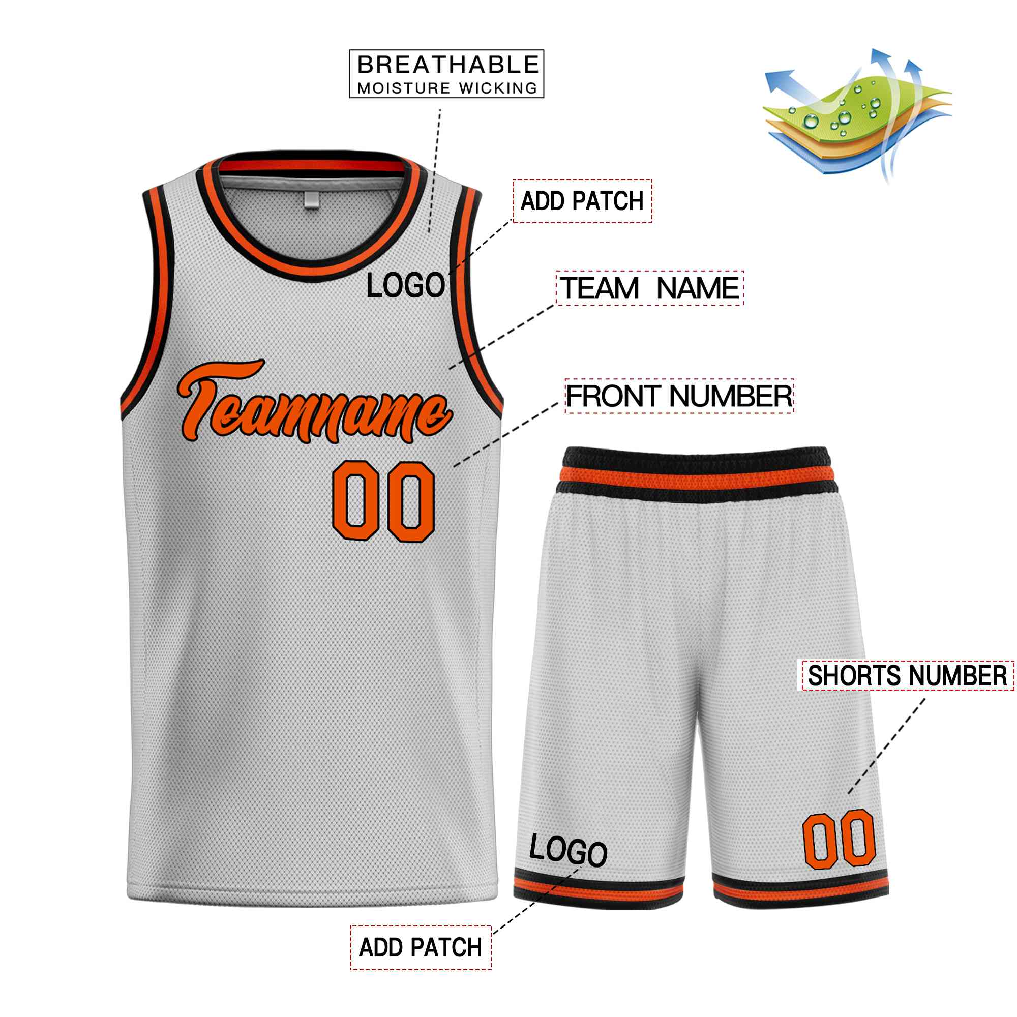 Uniforme de sport personnalisé gris Orange-noir, ensembles classiques de basket-ball, maillot de basket-ball