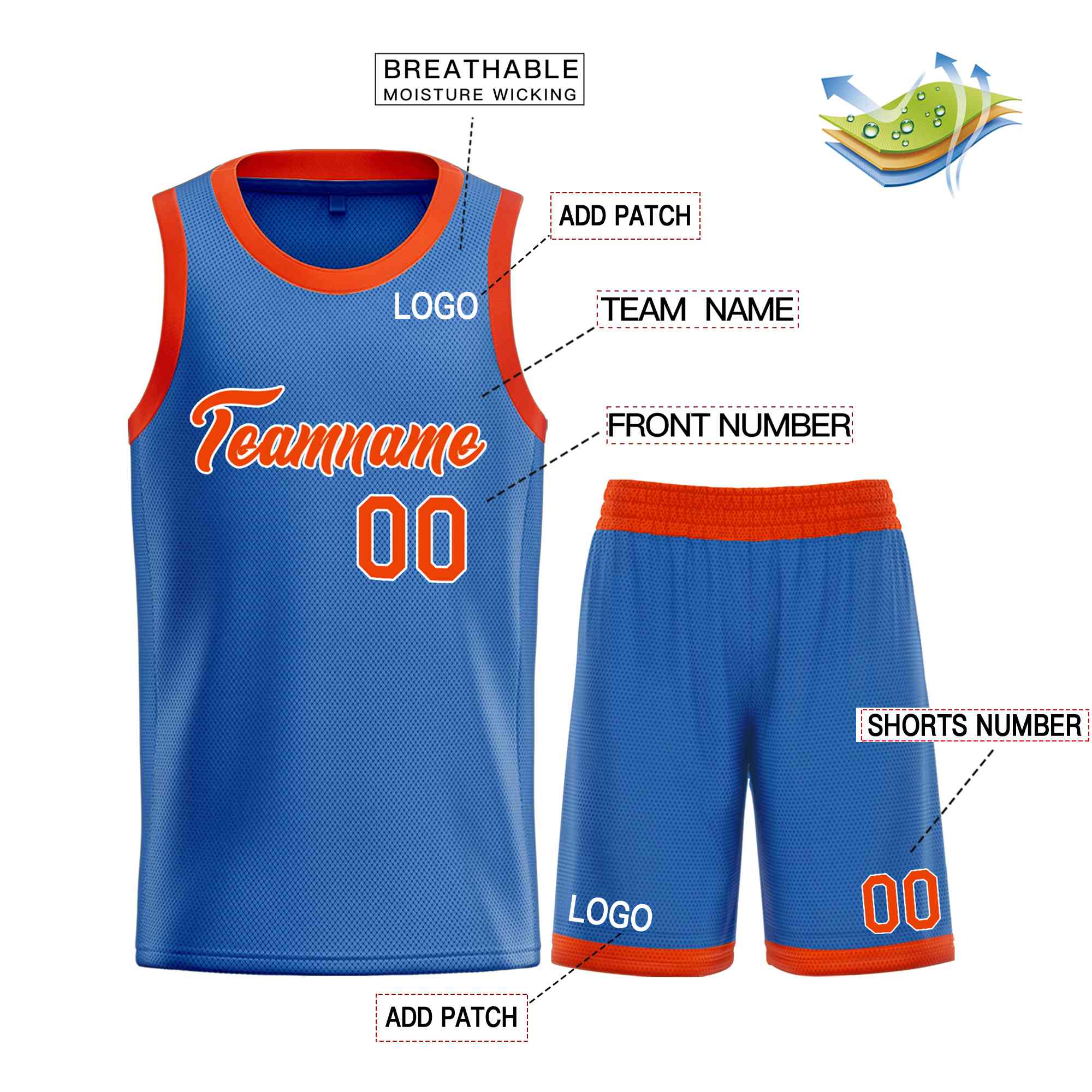 Uniforme de sport personnalisé bleu Orange-blanc, ensembles classiques de basket-ball, maillot de basket-ball