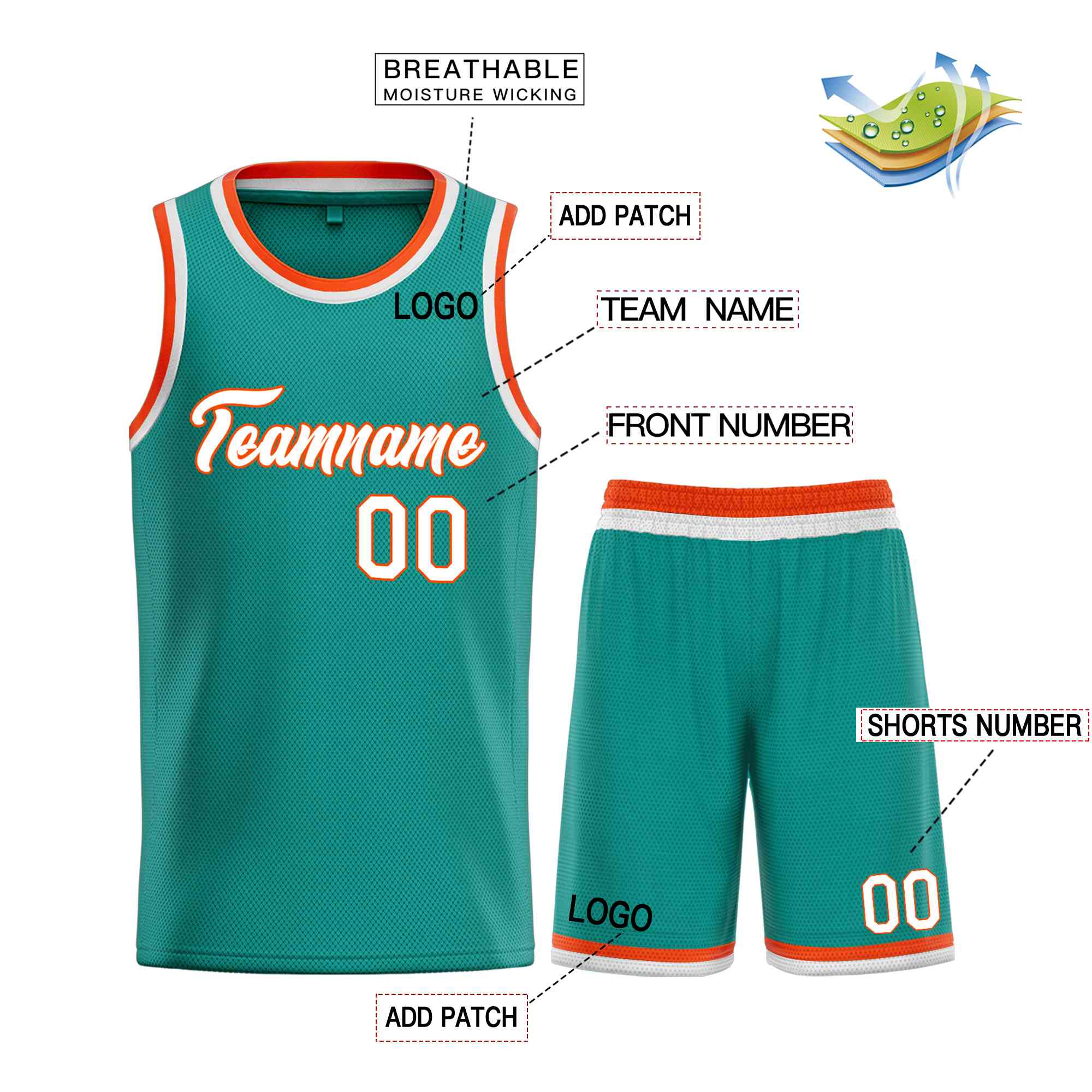 Uniforme de sport personnalisé sarcelle blanc-Orange, ensembles classiques, maillot de basket-ball