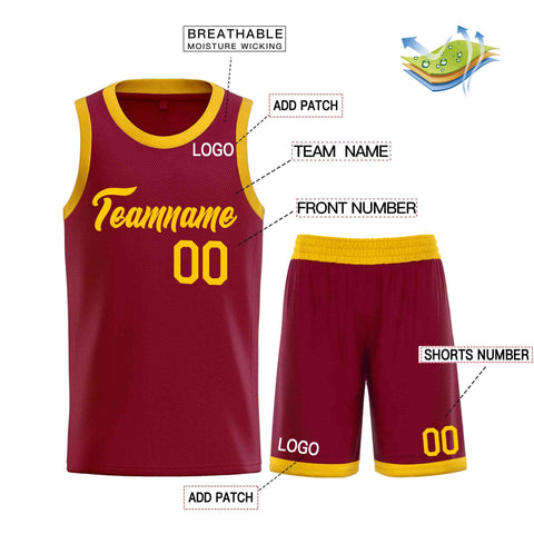 Custom Maroon Yellow Heal Sports Uniform Classic Sets Basketball Jersey