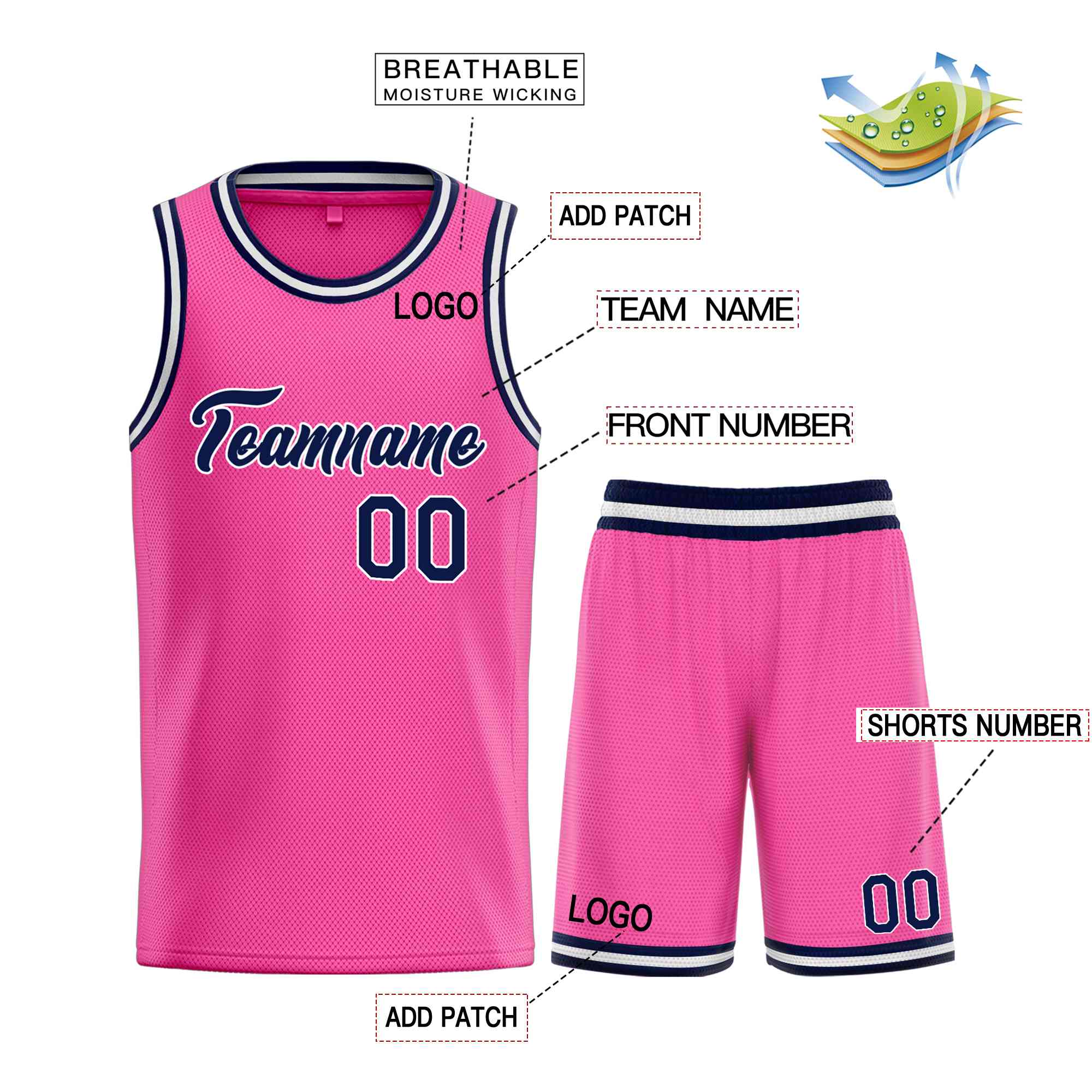 Uniforme de sport personnalisé rose marine-blanc, ensembles classiques, maillot de basket-ball