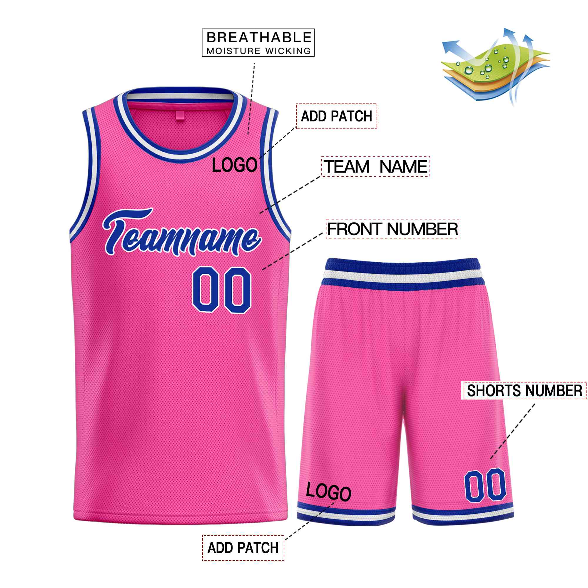 Uniforme de sport de guérison rose Royal-blanc personnalisé, ensembles classiques, maillot de basket-ball