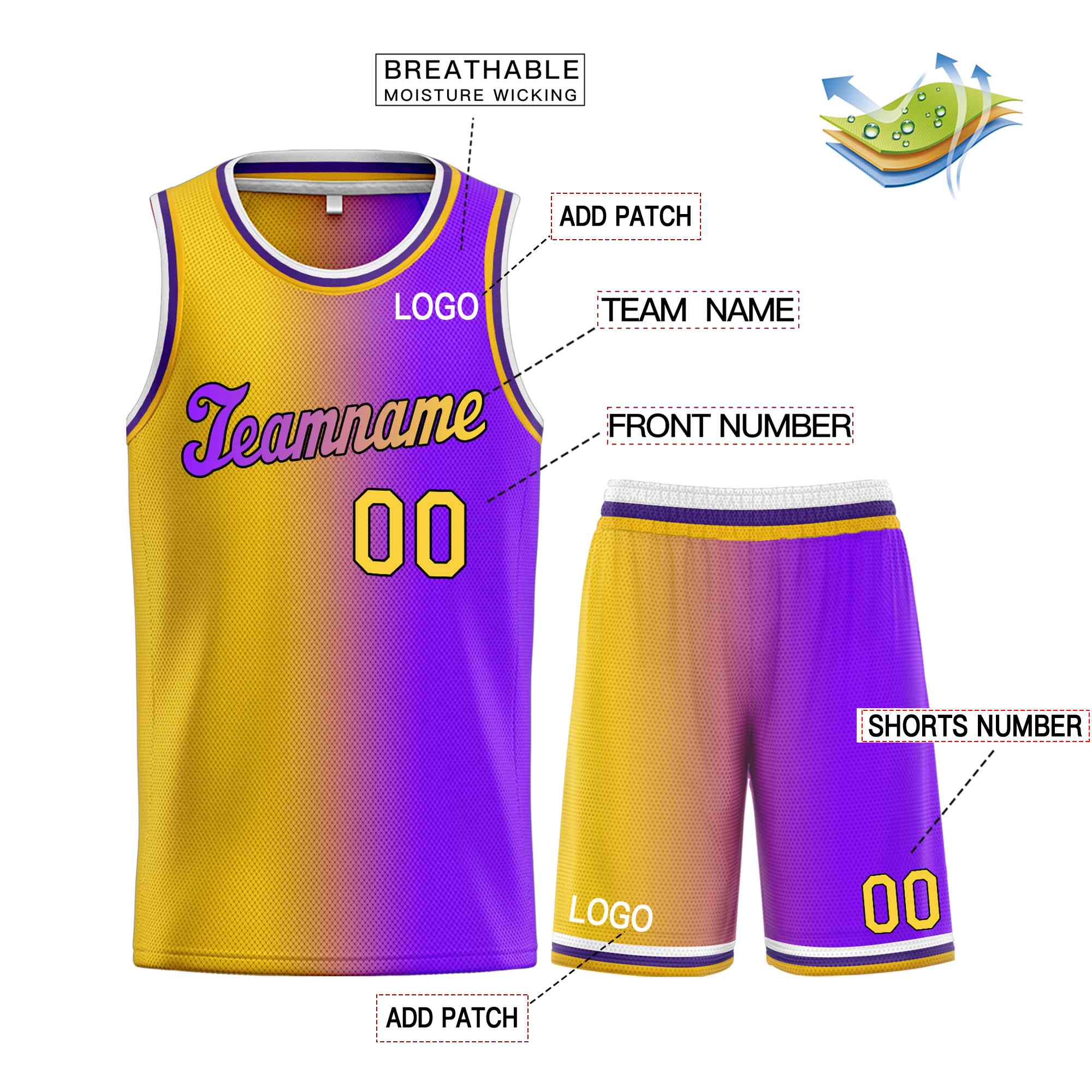 La mode dégradée jaune violet-noir personnalisée définit le maillot de basket-ball uniforme de sport