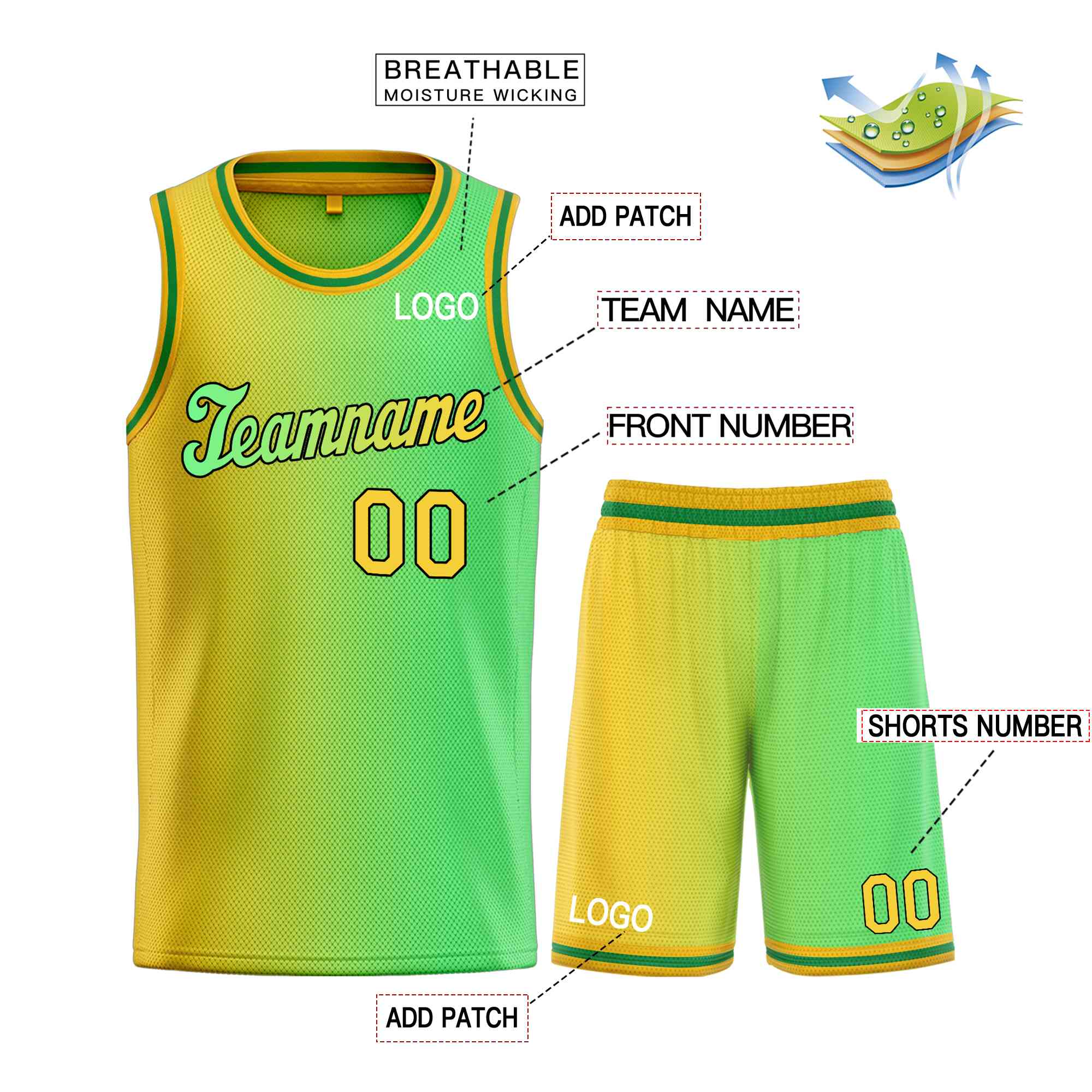 La mode dégradée jaune vert-noir personnalisée définit le maillot de basket-ball uniforme de sport