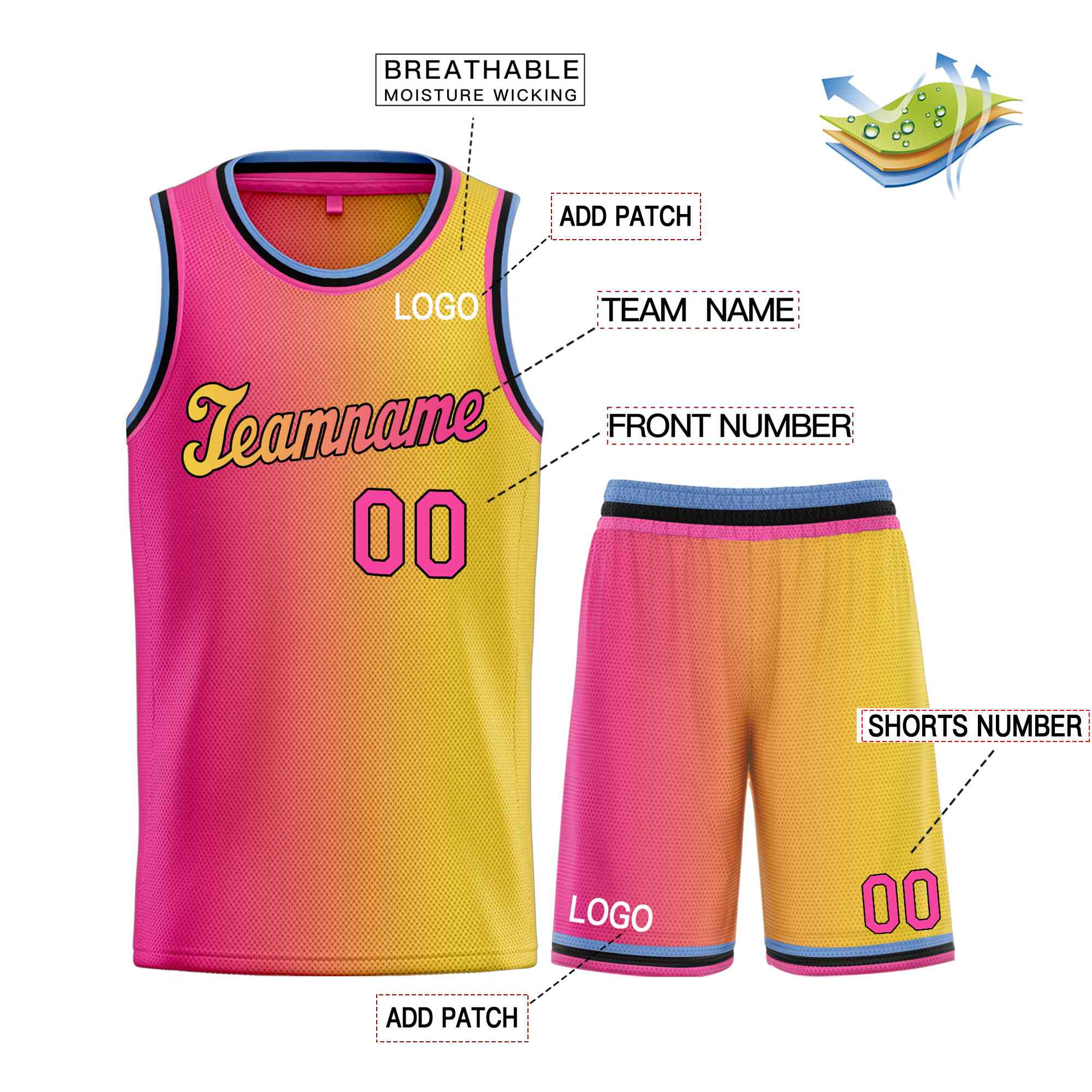 La mode dégradée jaune rose-noir personnalisée définit le maillot de basket-ball uniforme de sport