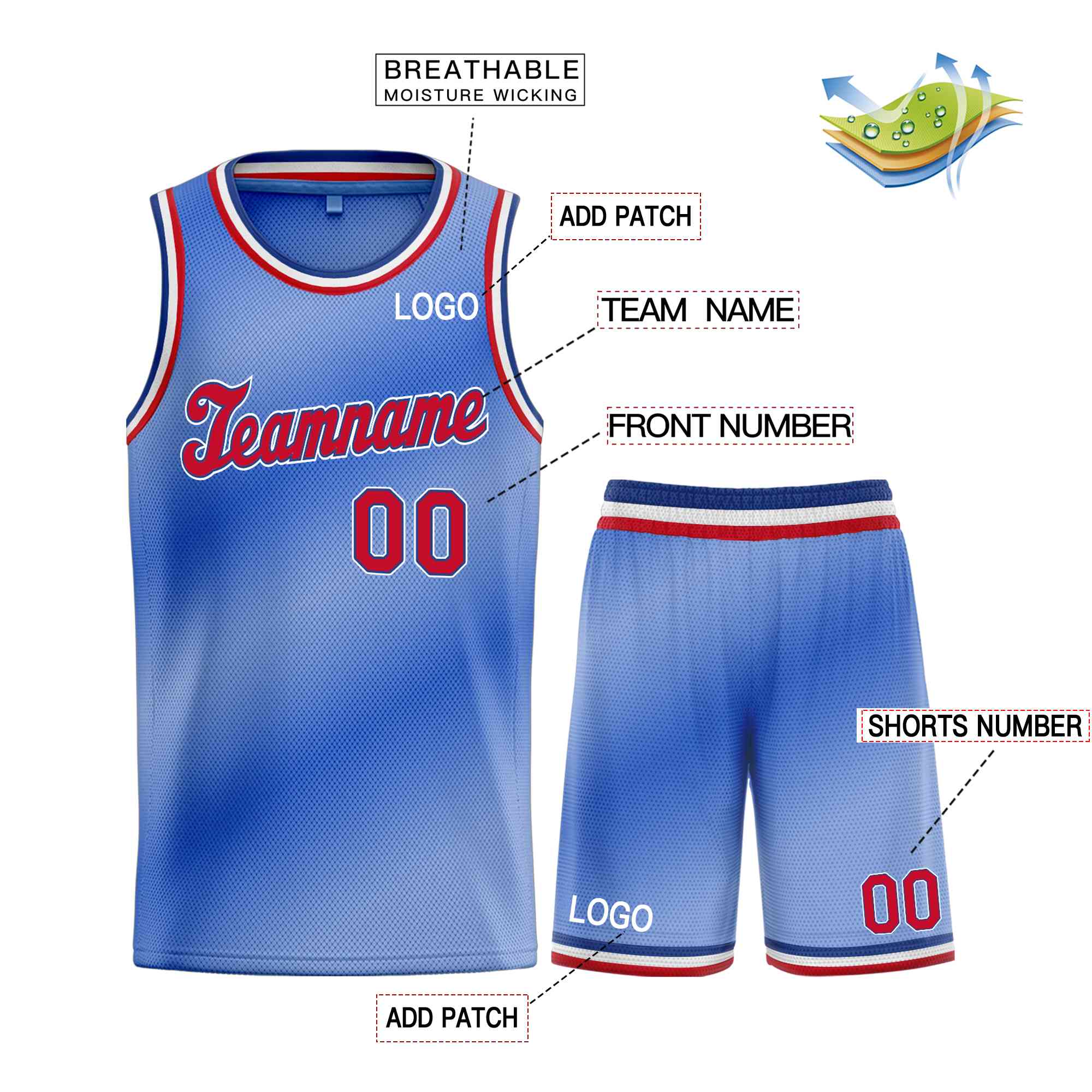 La mode dégradée bleu clair rouge-bleu personnalisée définit le maillot de basket-ball uniforme de sport