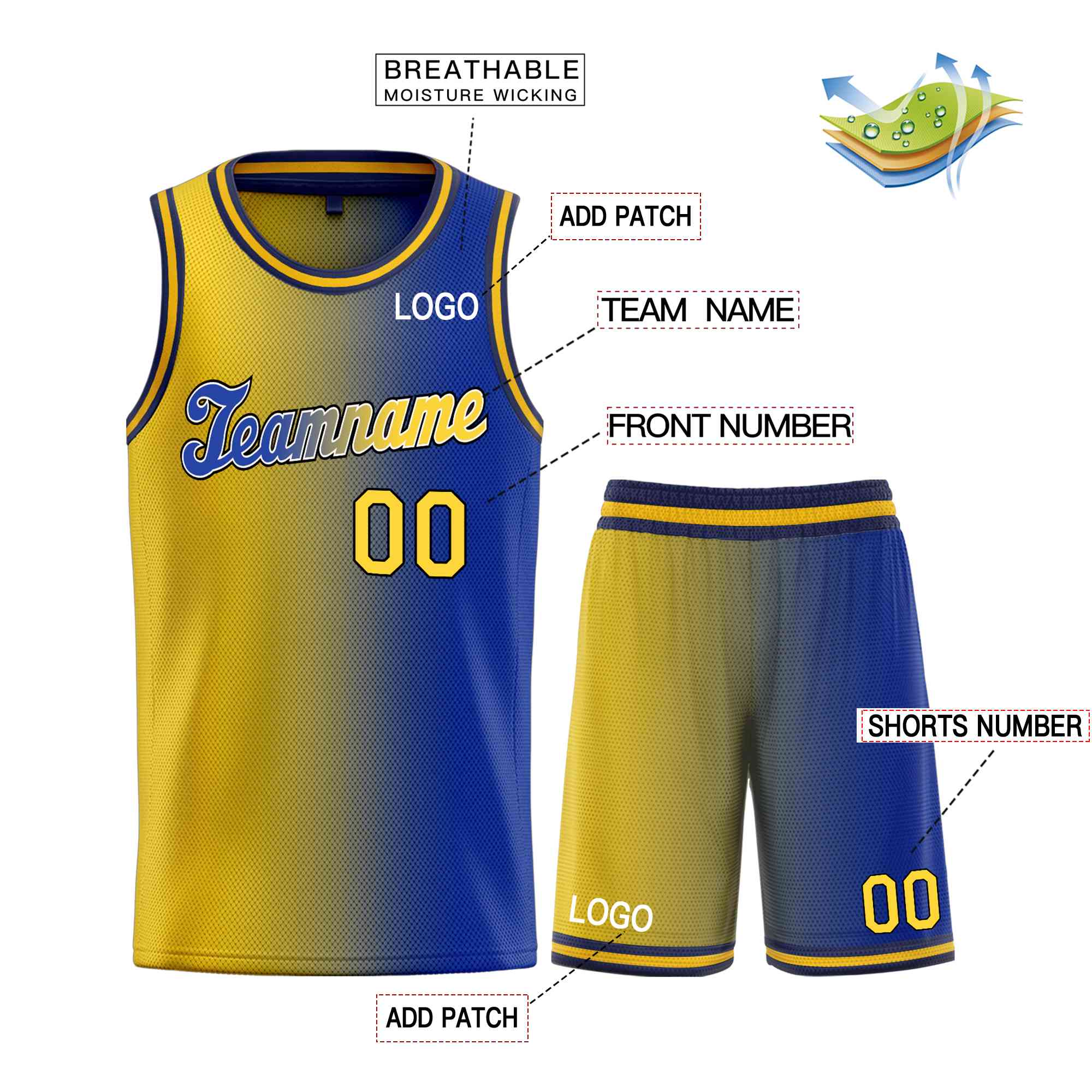 La mode dégradée jaune-noir marine personnalisée définit le maillot de basket-ball uniforme de sport