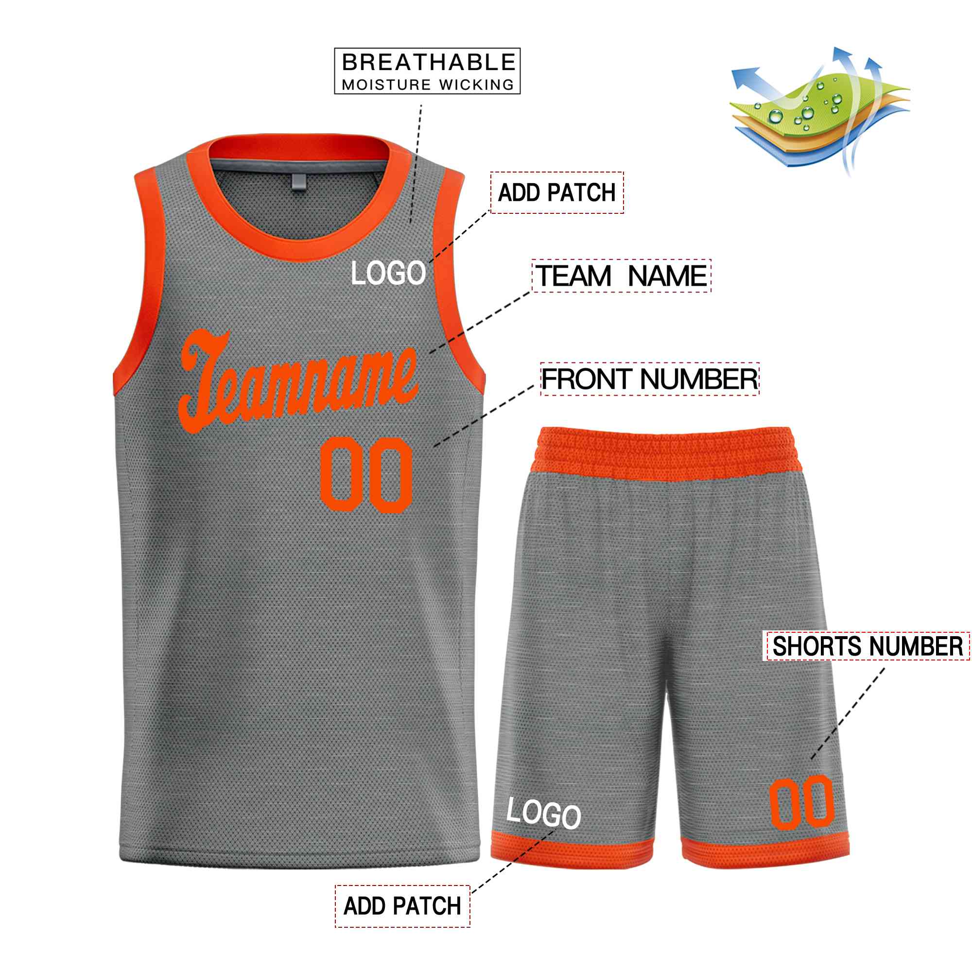 Le classique orange gris foncé personnalisé définit le maillot de basket-ball uniforme de sport