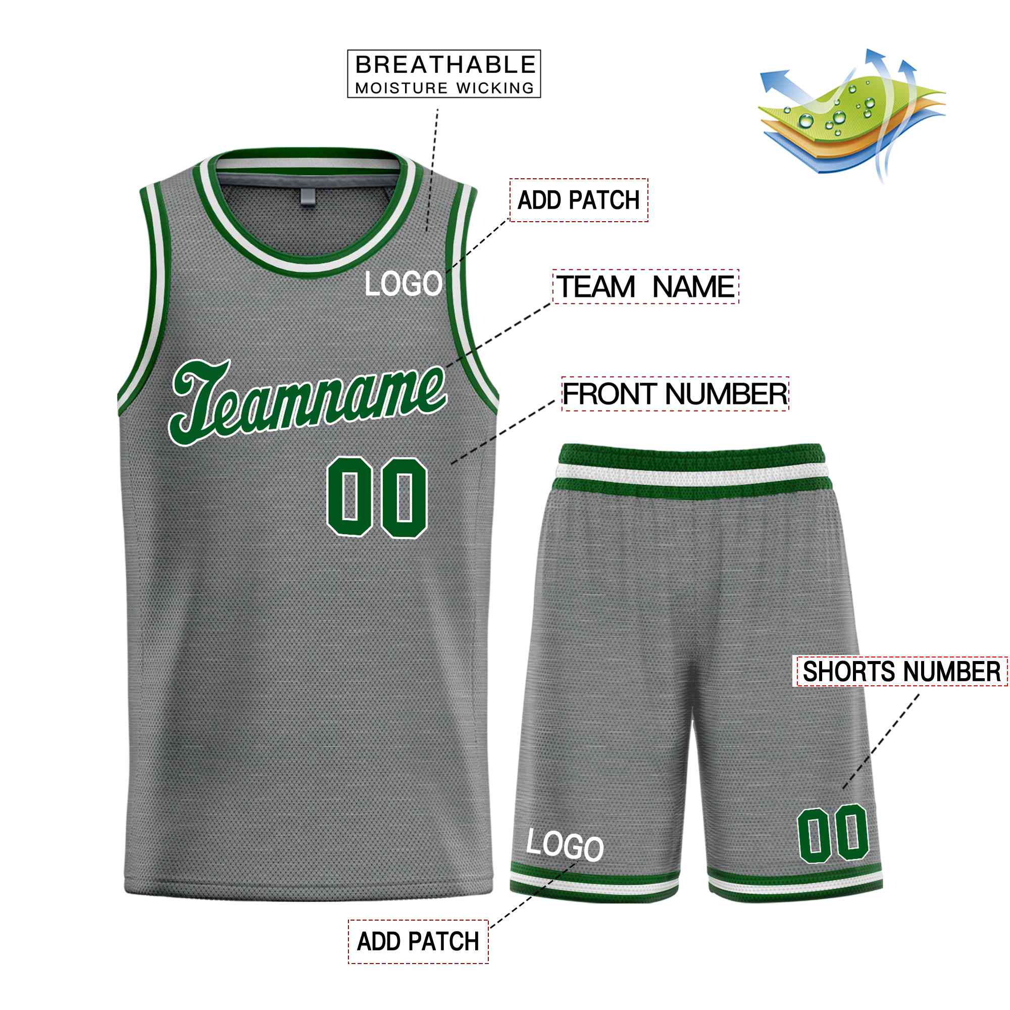 Maillot de basket-ball uniforme de sport, ensembles classiques gris foncé vert-blanc personnalisés