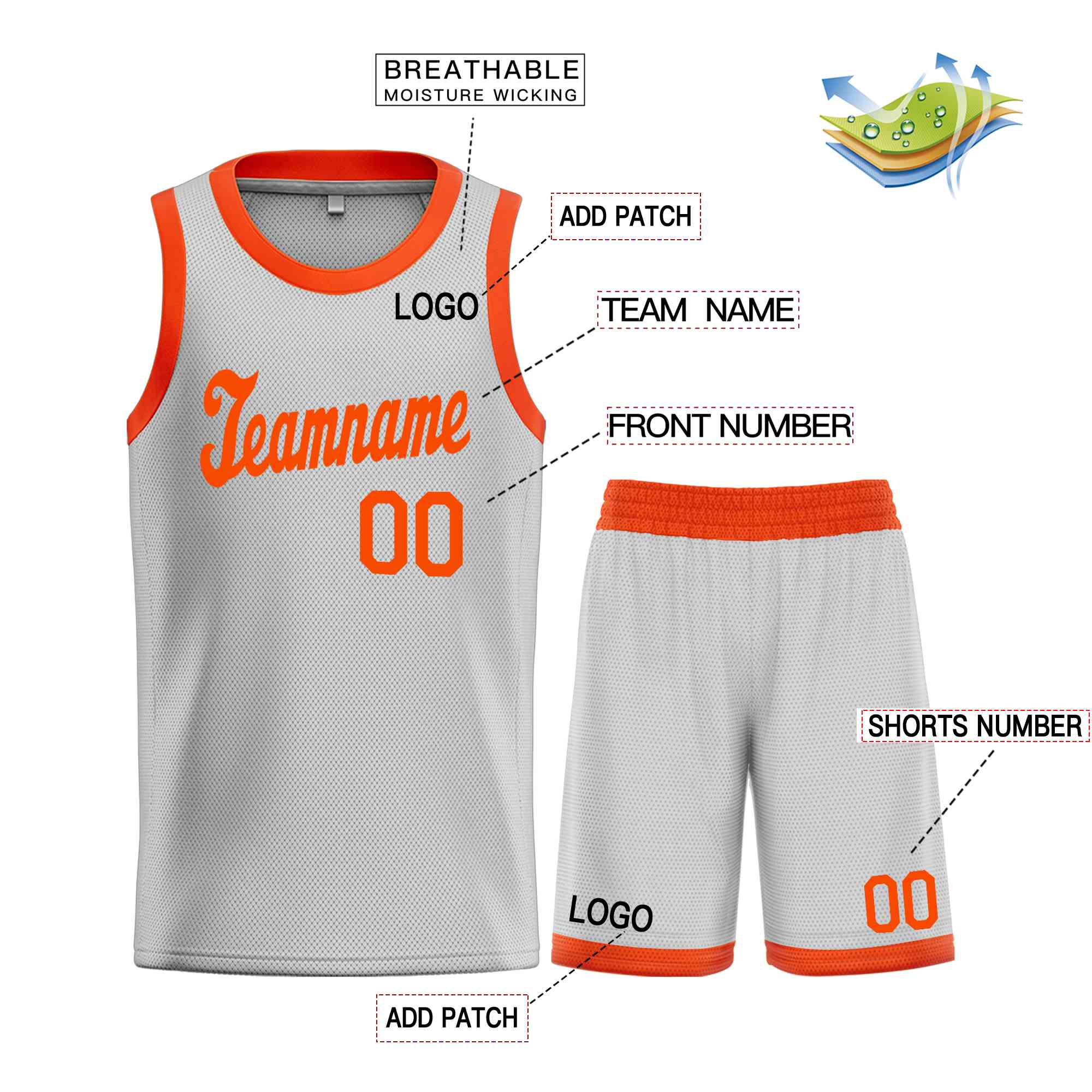 Le classique gris orange personnalisé définit le maillot de basket-ball uniforme de sport