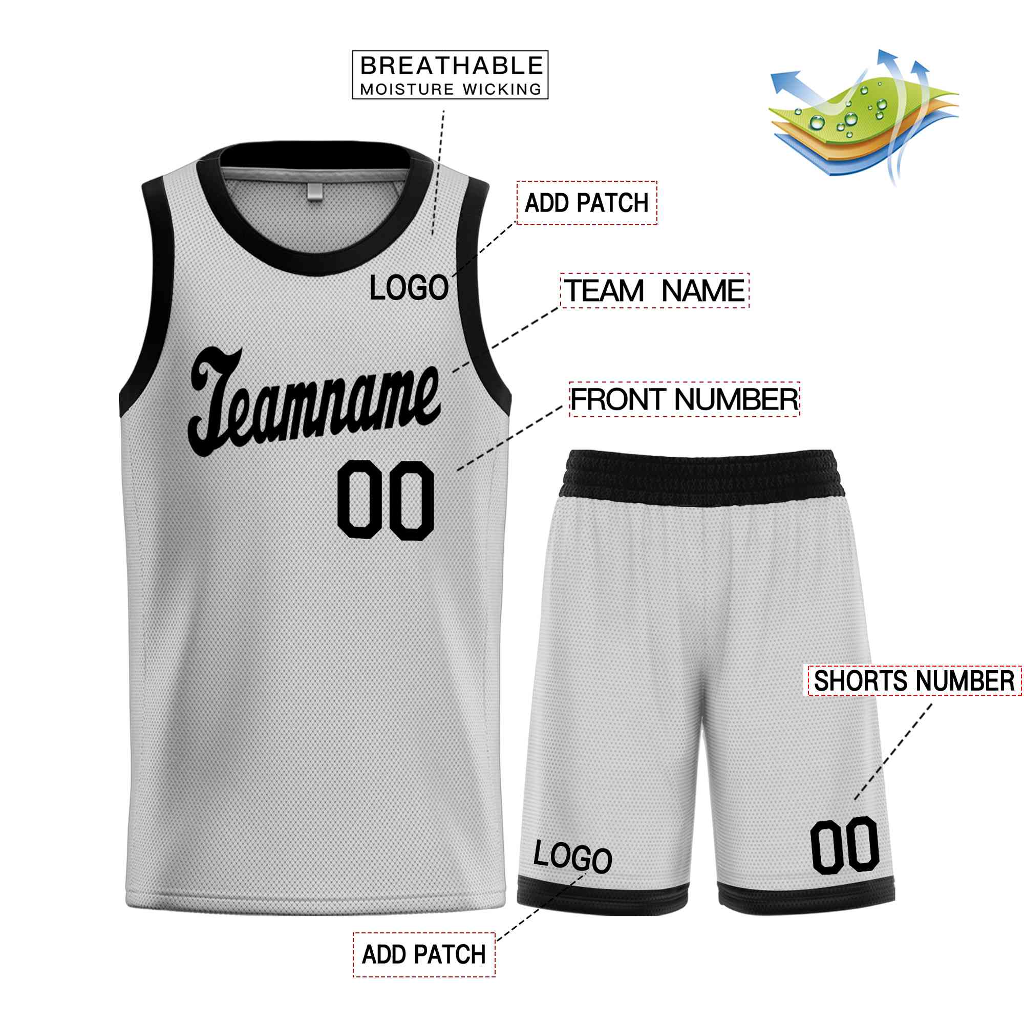 Ensembles classiques gris et noirs personnalisés, maillot de basket-ball uniforme de sport