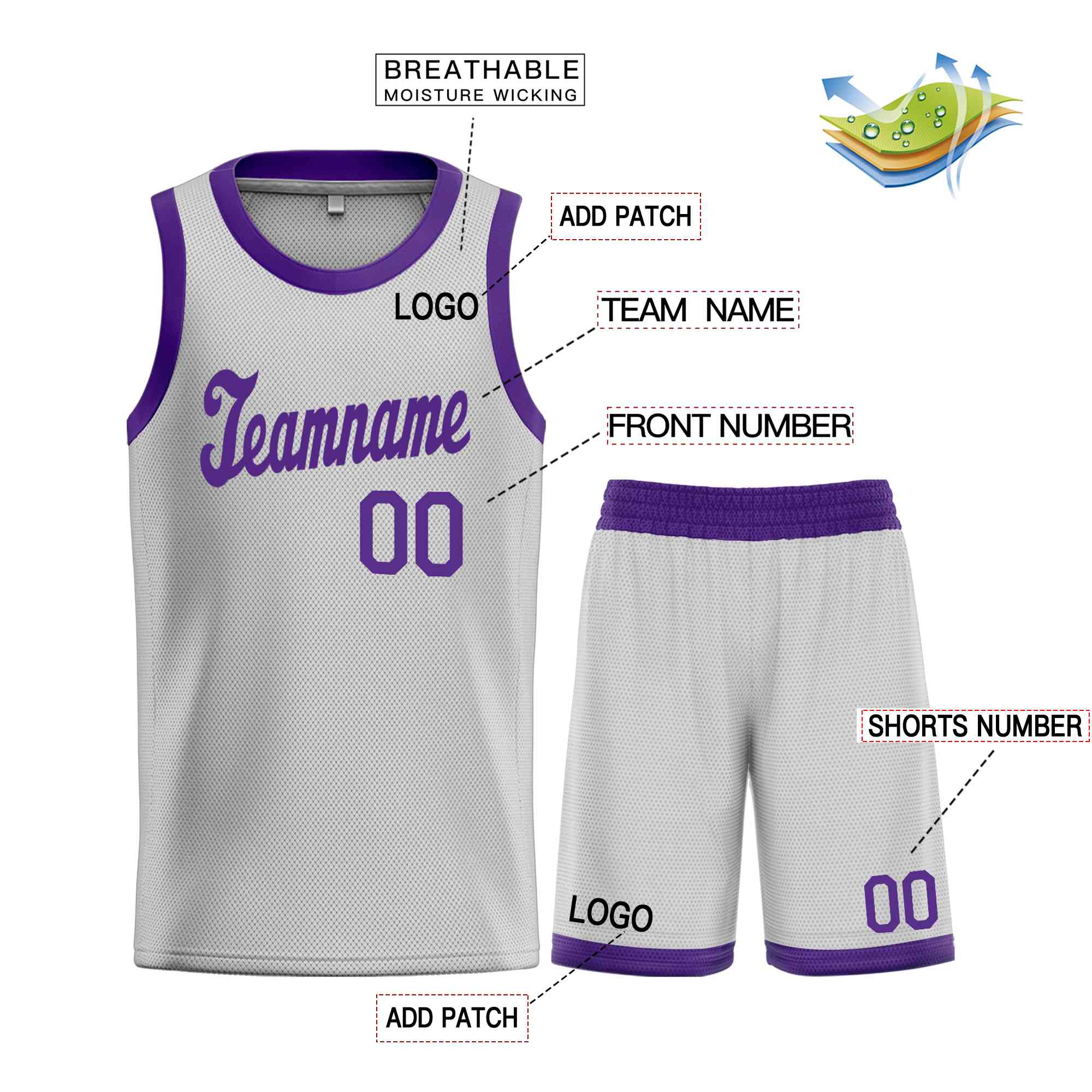 Custom Gray Purple Classic Sets Sports Uniform Basketball Jersey