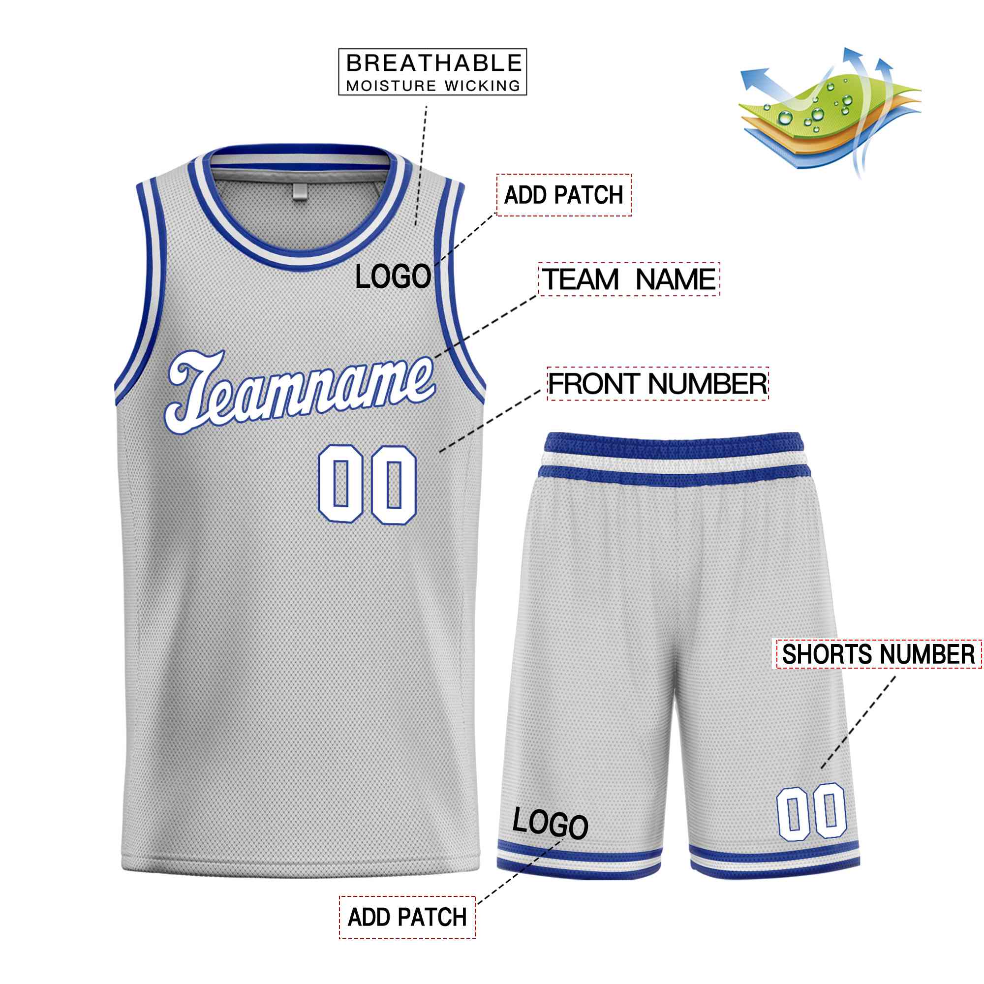 Maillot de basket-ball uniforme de sport, ensembles classiques gris blanc-Royal personnalisés