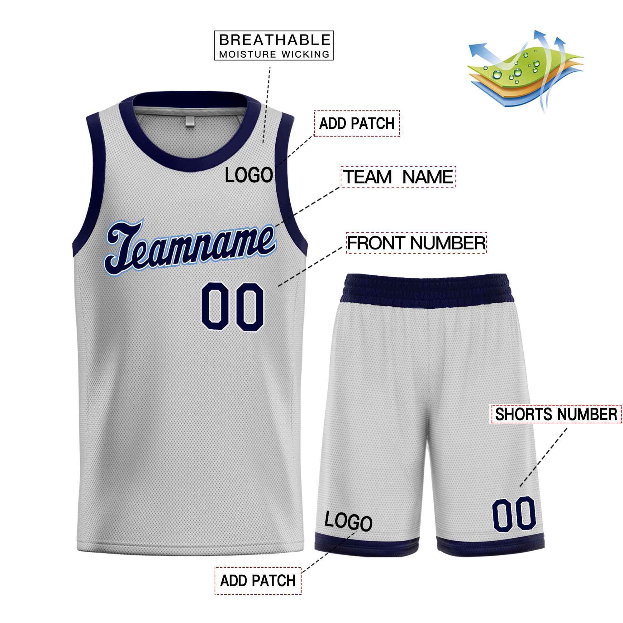 Maillot de basket-ball uniforme de sport, ensembles classiques gris marine-bleu poudre personnalisés