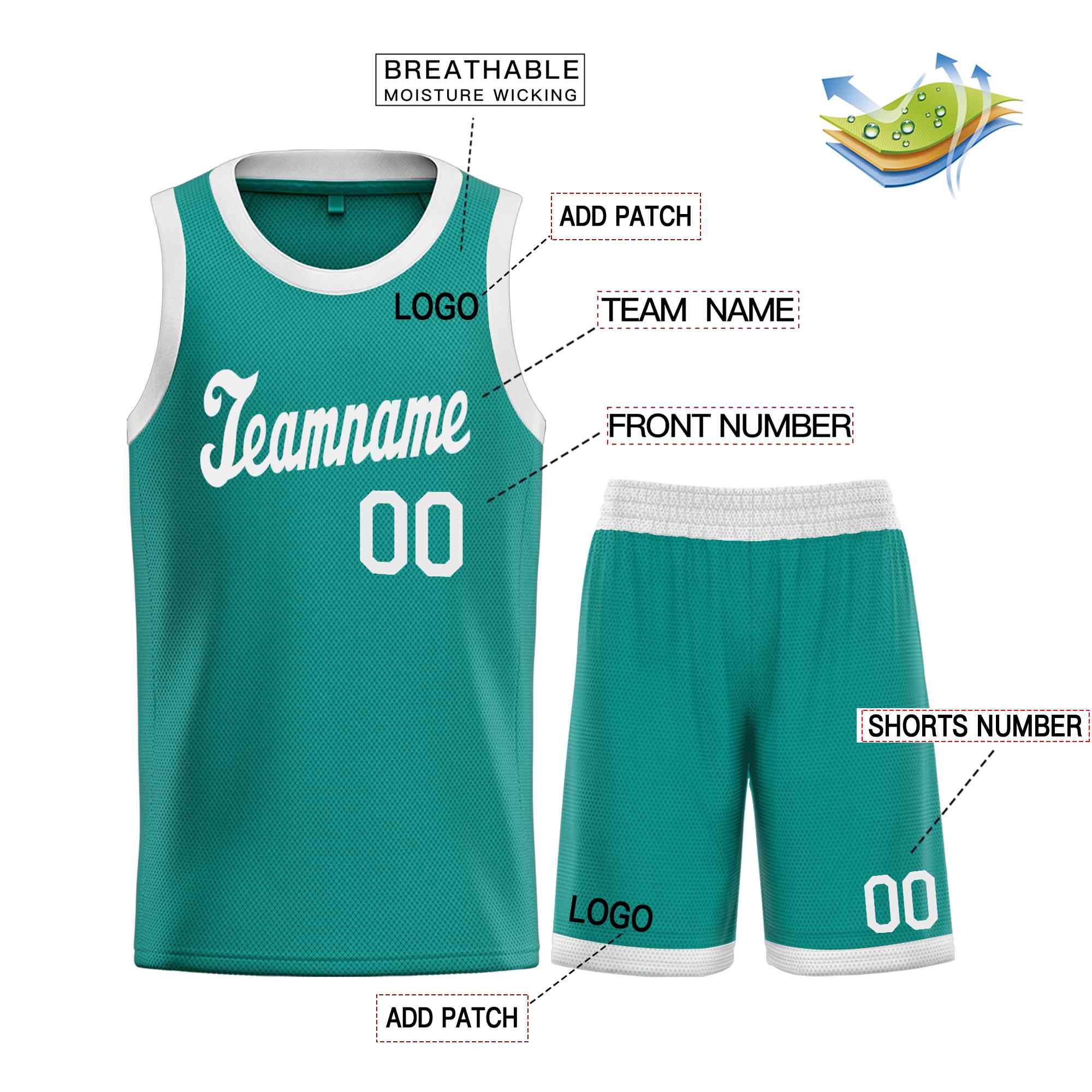 Ensembles classiques blancs sarcelle personnalisés, maillot de basket-ball uniforme de sport