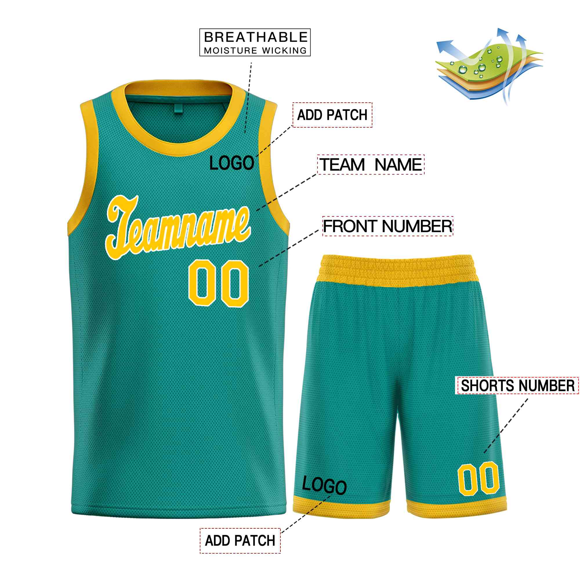 Maillot de basket-ball uniforme de sport personnalisé, ensemble classique jaune-blanc sarcelle personnalisé