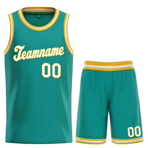 Custom Teal White-Yellow Classic Sets Sports Uniform Basketball Jersey