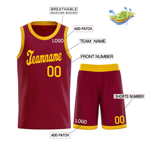 Custom Maroon Yellow Classic Sets Sports Uniform Basketball Jersey