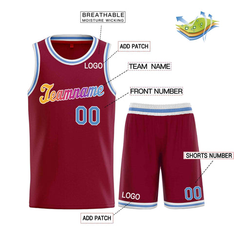 Custom Maroon Powder Blue-White Classic Sets Sports Uniform Basketball Jersey