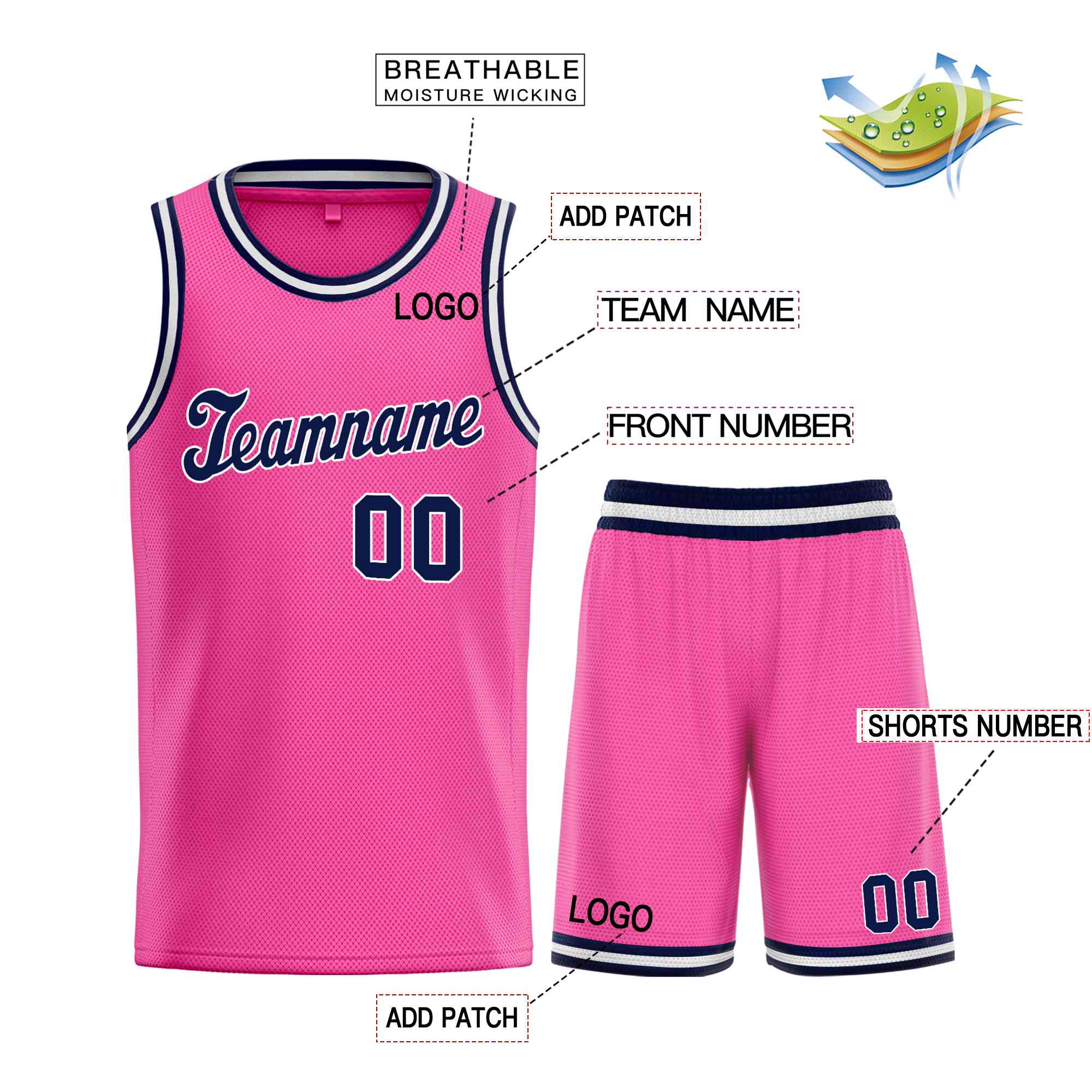 Ensembles classiques roses et blancs personnalisés, uniforme de sport, maillot de basket-ball