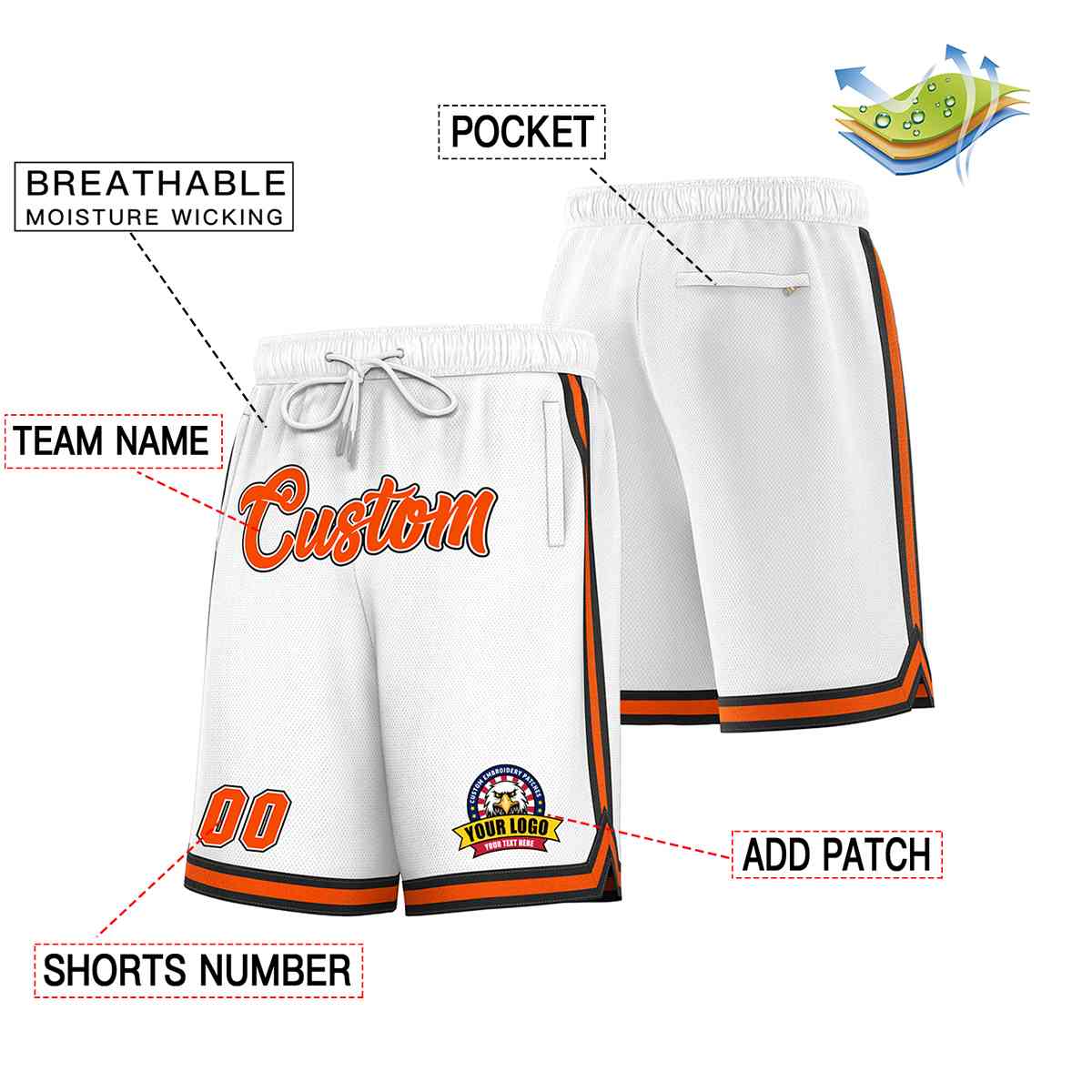 Custom White Orange-Black Classic Style Basketball Mesh Shorts