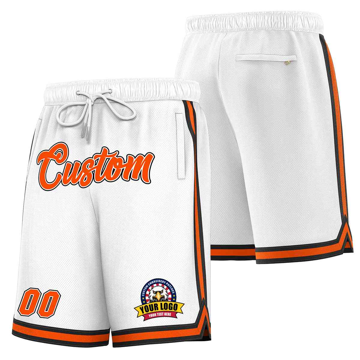 Short en maille de basket-ball de style classique blanc orange-noir personnalisé