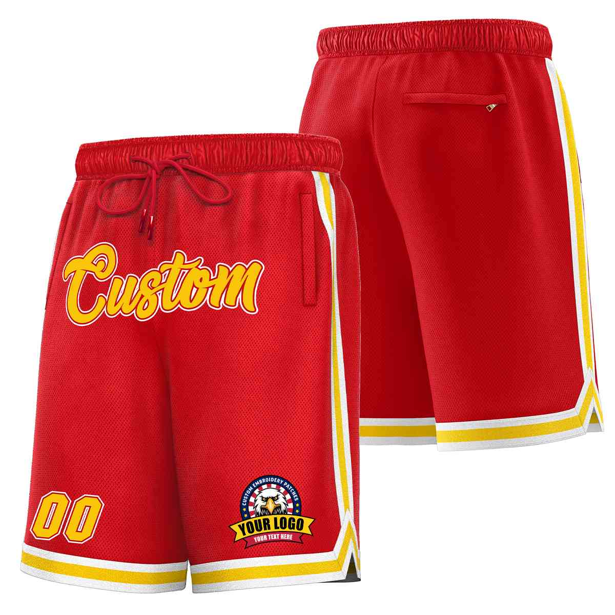 Short en maille de basket-ball de style classique rouge or-blanc personnalisé