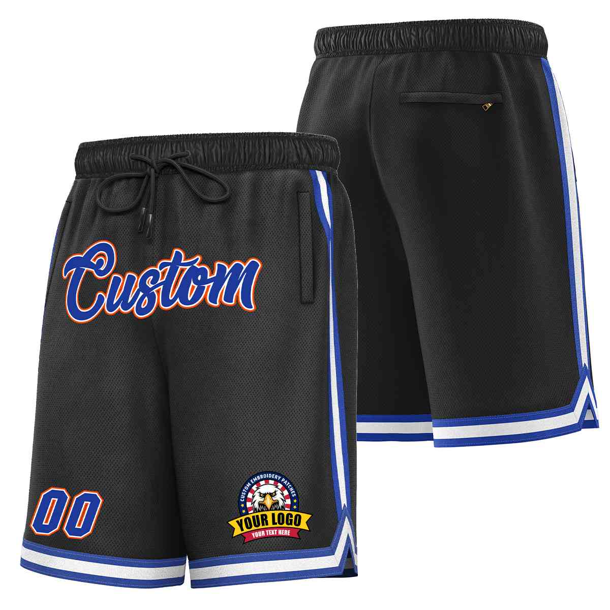 Short en maille de basket-ball de style classique noir royal-orange personnalisé