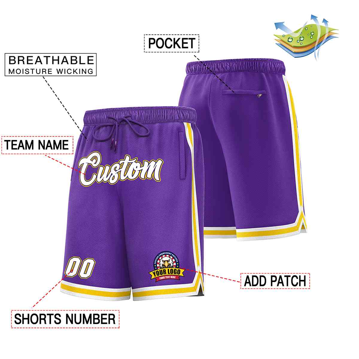 Custom Purple White-Gold Classic Style Basketball Mesh Shorts