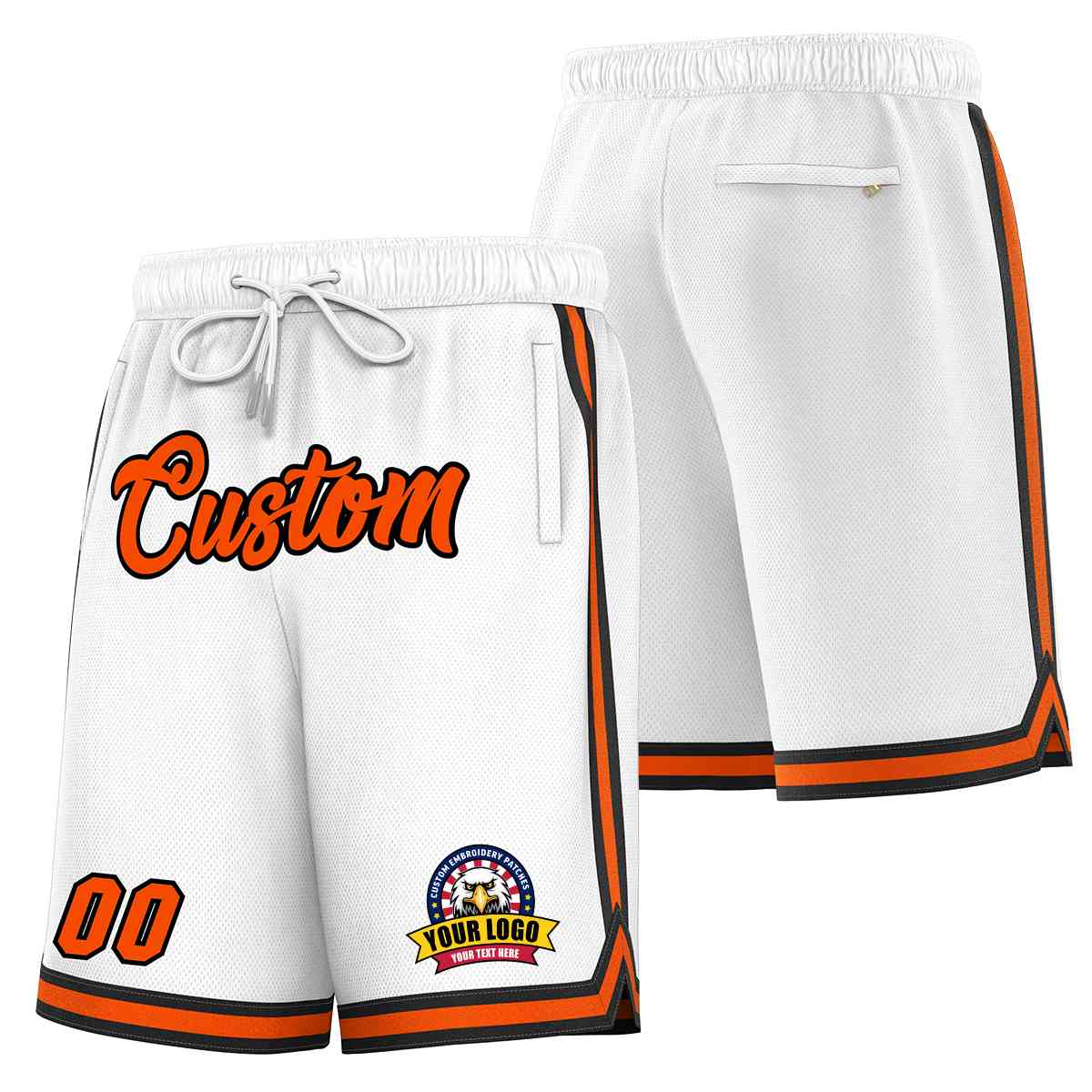 Short en maille de basket-ball de style classique blanc orange-noir personnalisé