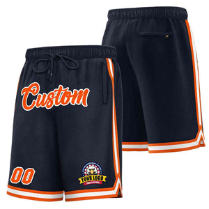 Short de basket-ball en maille de style classique, personnalisé, bleu marine, orange-blanc