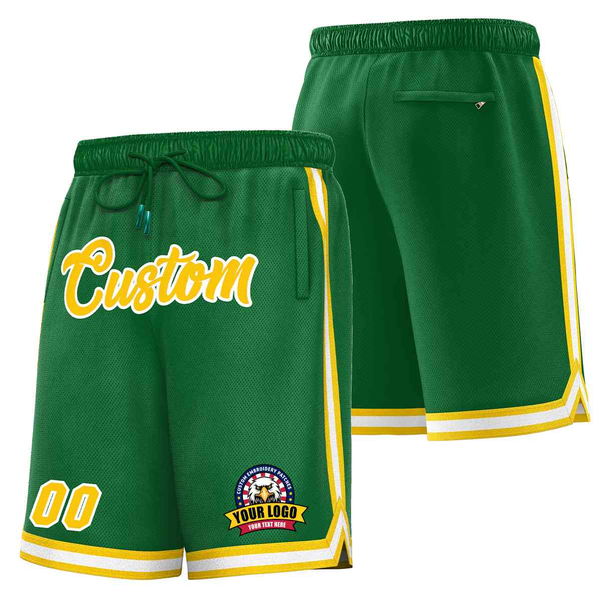 Short en maille de basket-ball de style classique Kelly vert or-blanc personnalisé