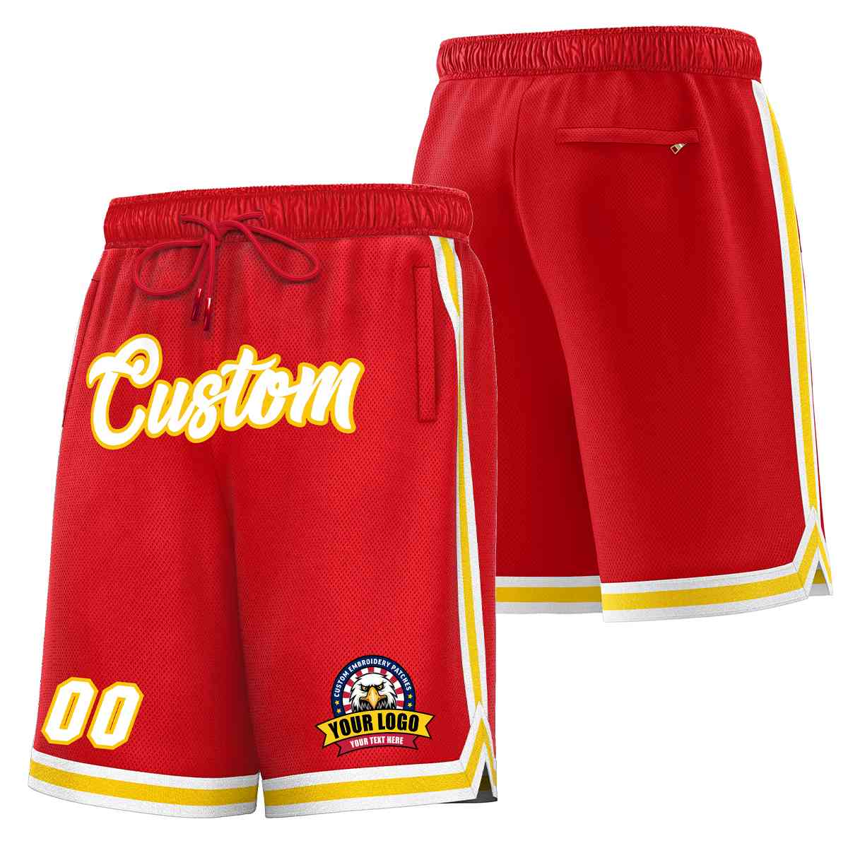 Short en maille de basket-ball de style classique rouge blanc-or personnalisé