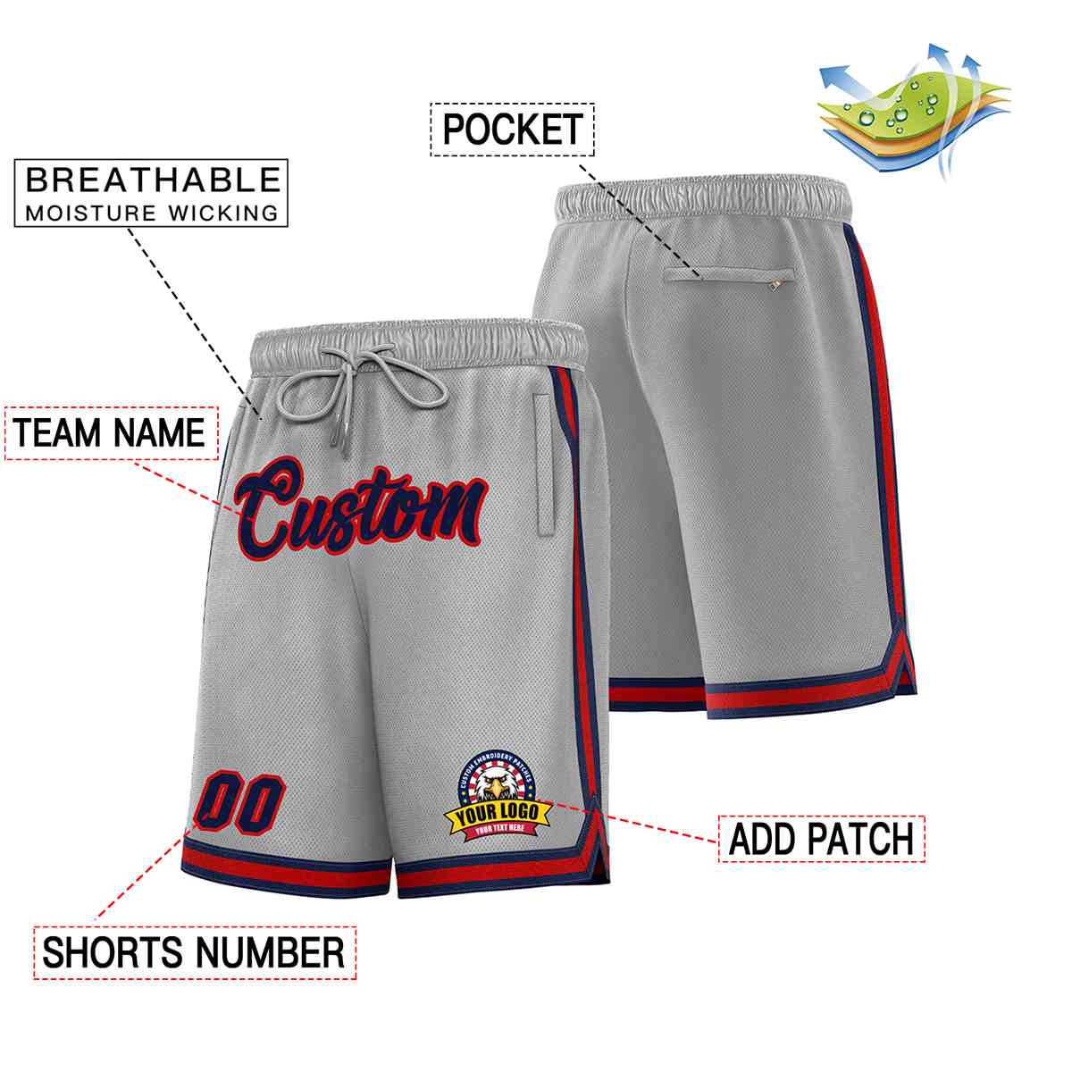 Custom Gray Navy-Red Classic Style Basketball Mesh Shorts