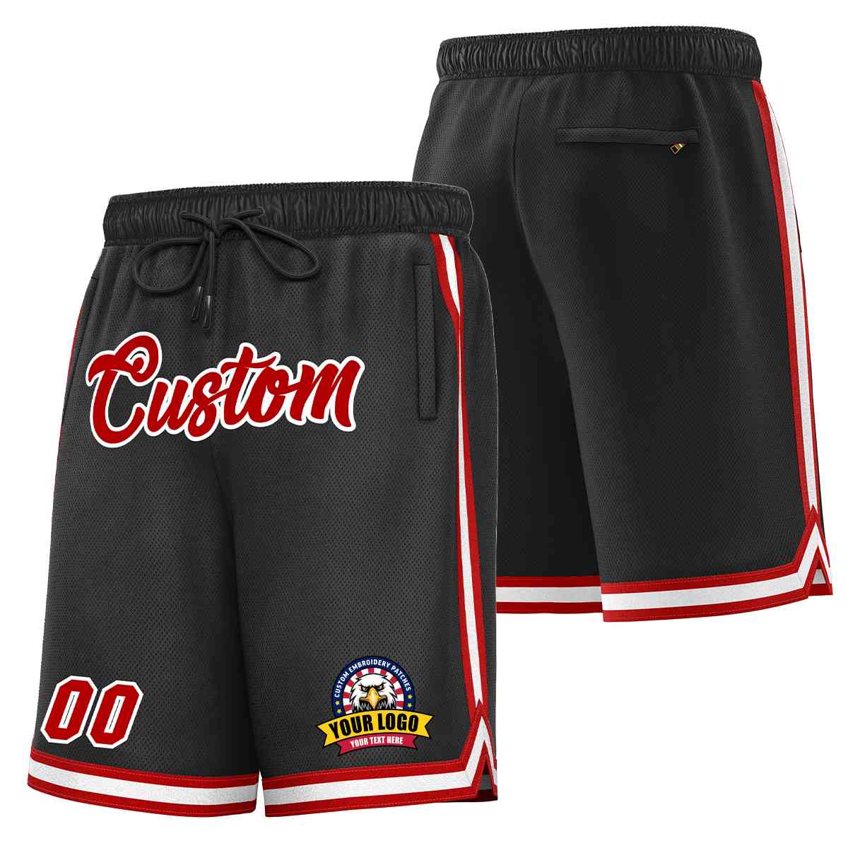 Short en maille de basket-ball de style classique noir rouge-blanc personnalisé