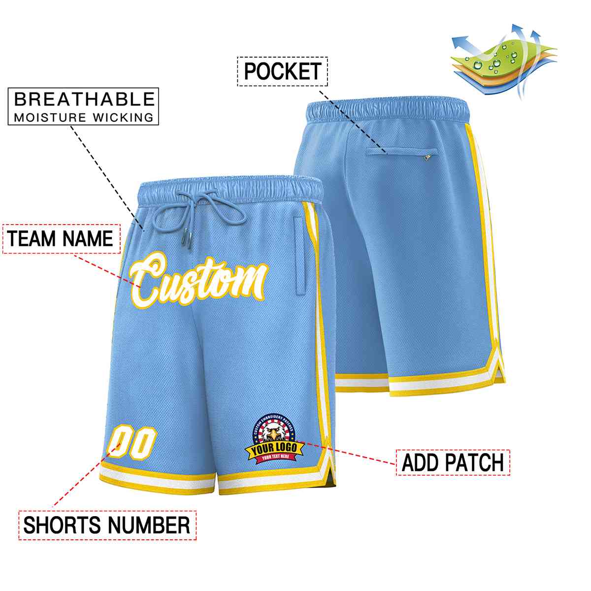 Custom Light Blue White-Gold Classic Style Basketball Mesh Shorts