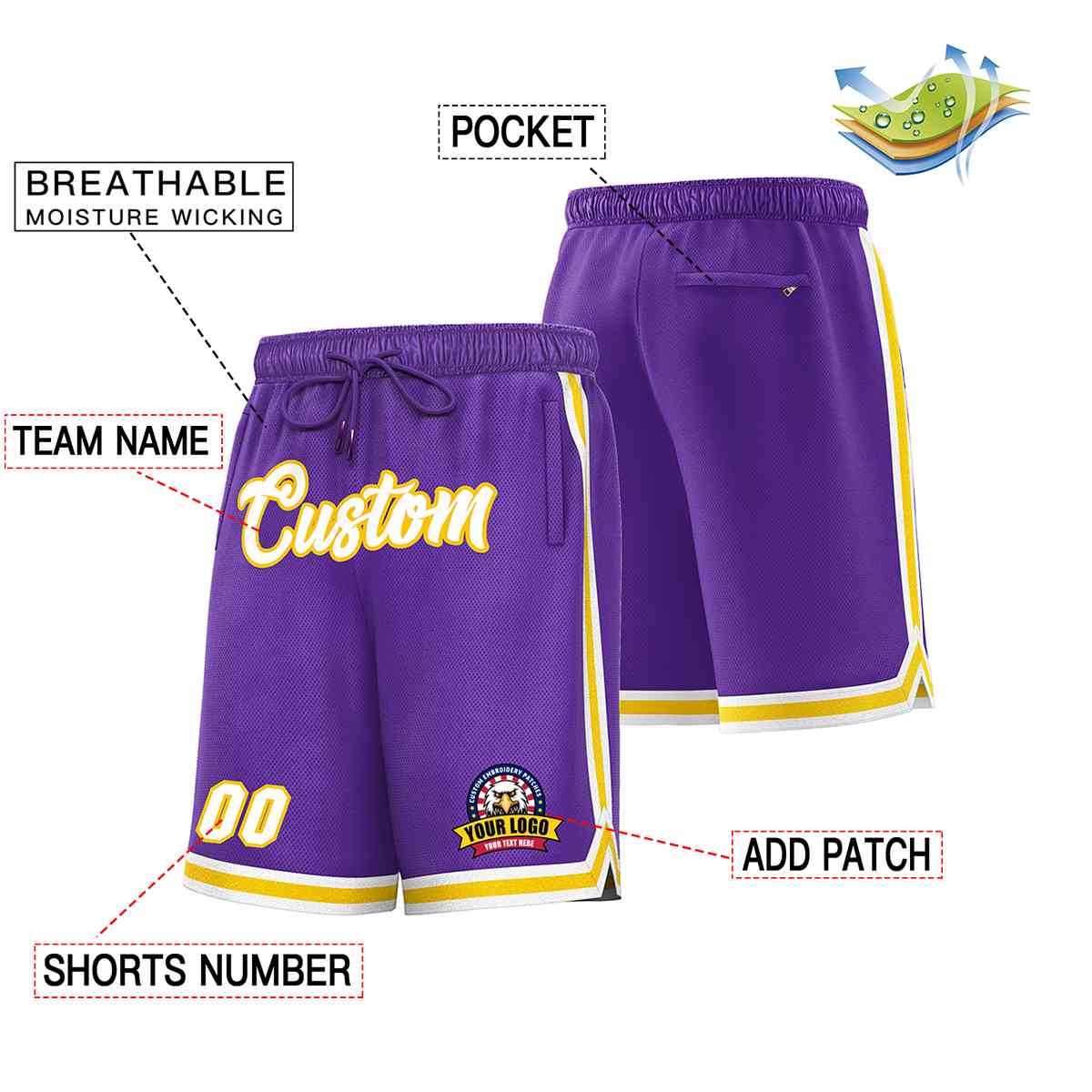 Short en maille de basket-ball de style classique violet blanc-or personnalisé