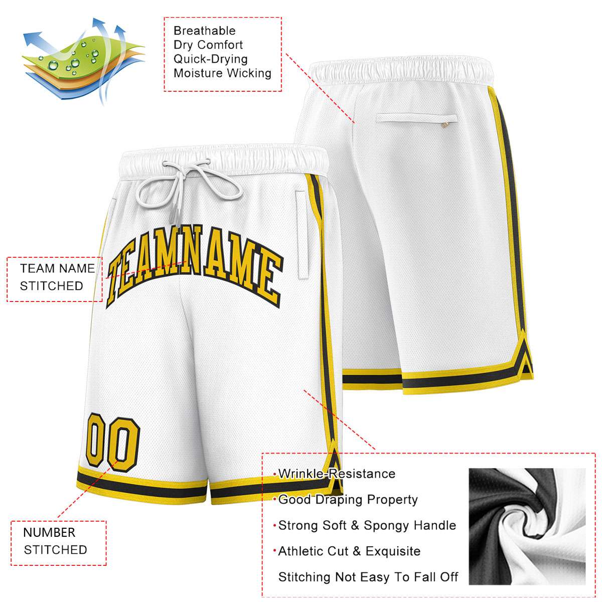 Short de basket-ball sport personnalisé blanc jaune-noir