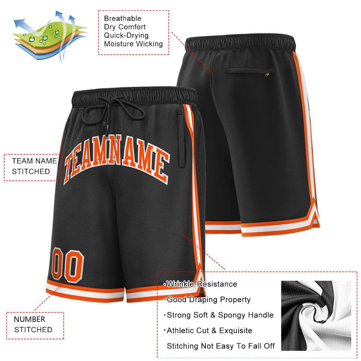 Short de basket-ball sport personnalisé noir orange-blanc