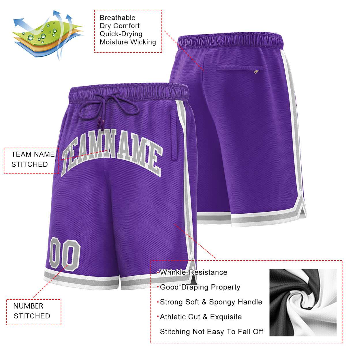 Short de basket-ball sport violet gris-blanc personnalisé