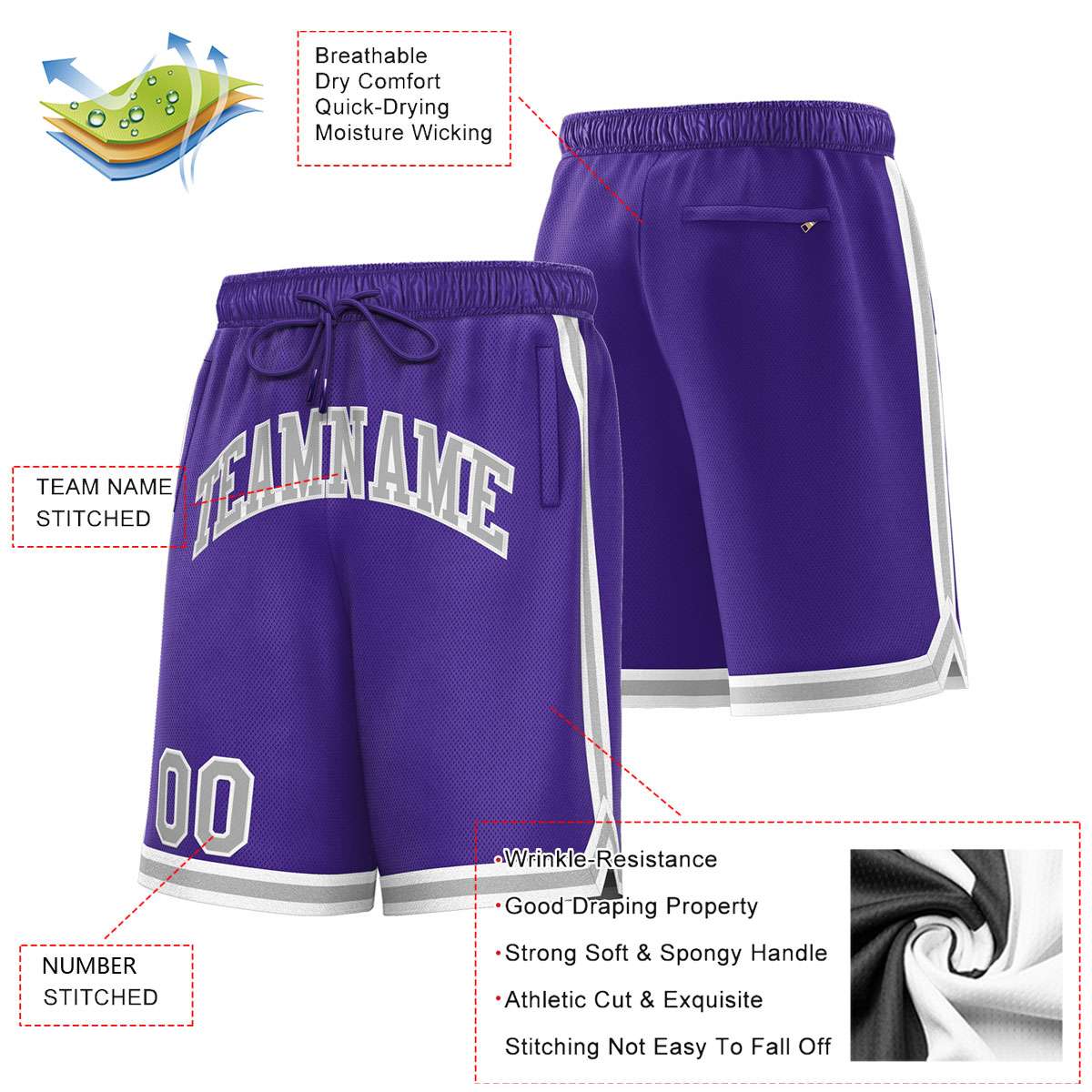 Short de basket-ball sport gris violet personnalisé