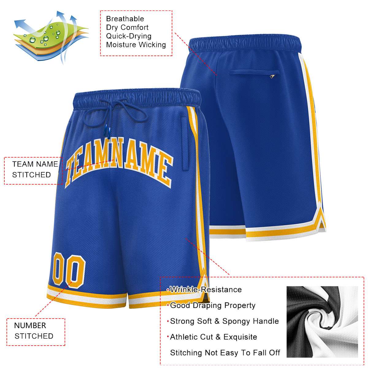 Short de basket-ball sport personnalisé jaune-blanc royal