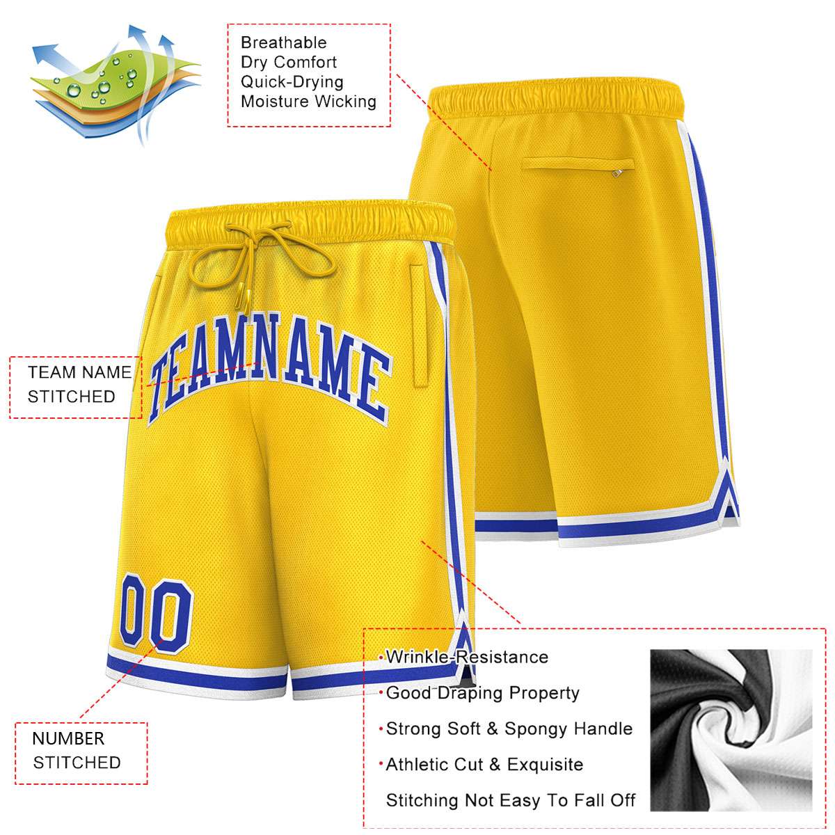 Short de basket-ball sport personnalisé jaune royal-blanc