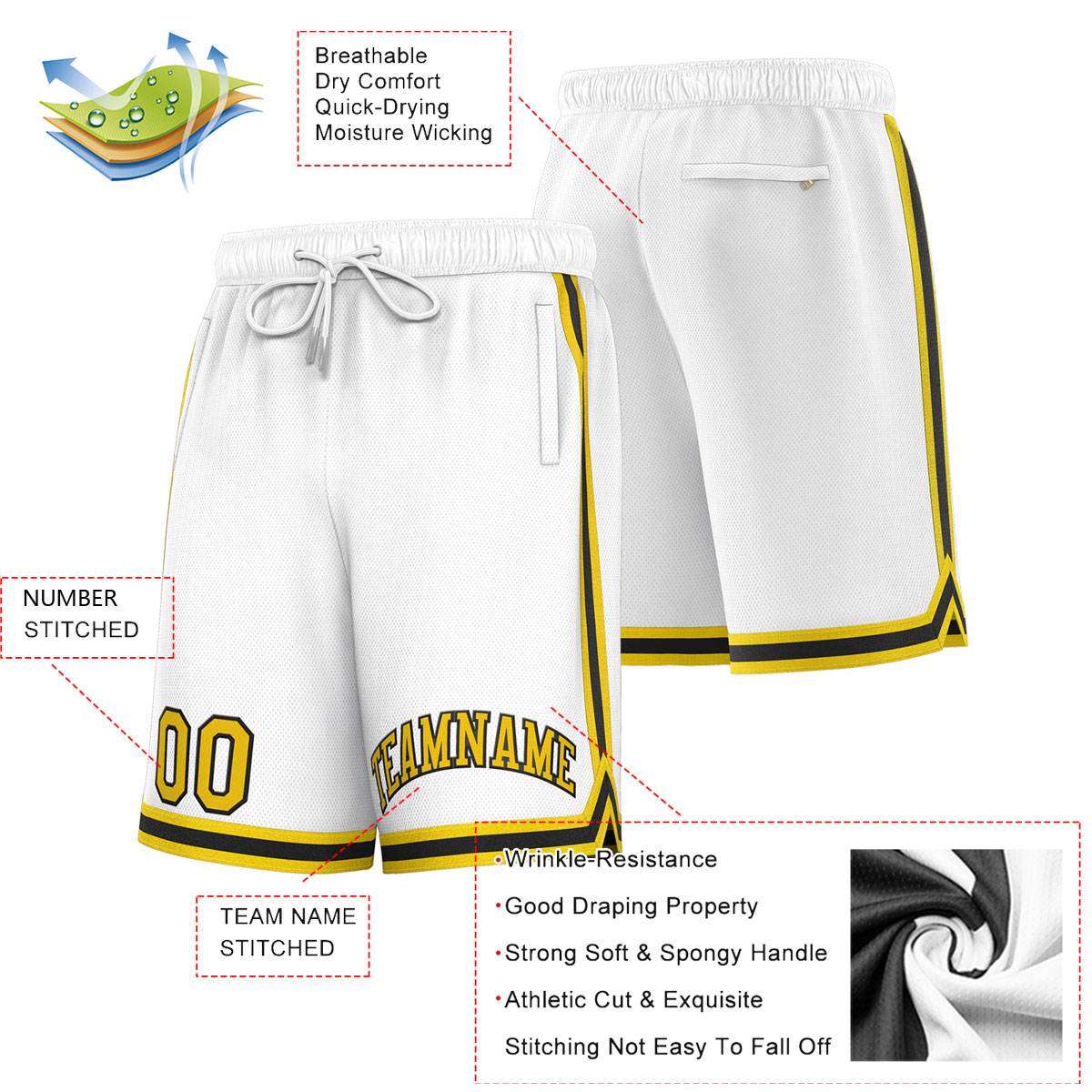 Short de basket-ball sport personnalisé blanc jaune-noir