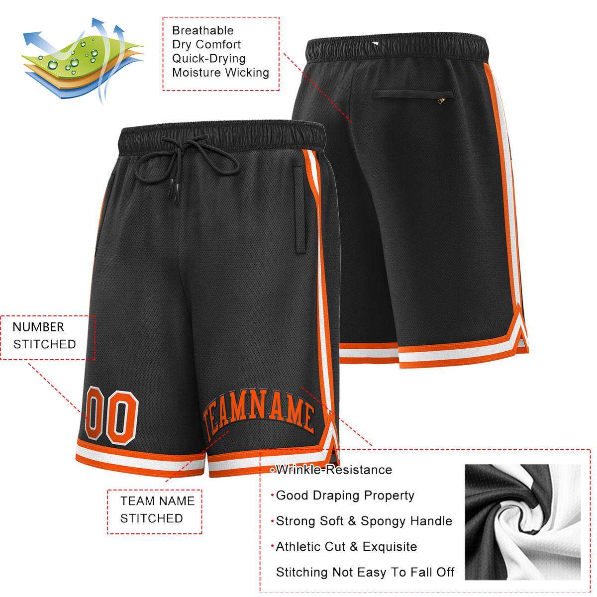 Short de basket-ball sport personnalisé noir orange-blanc