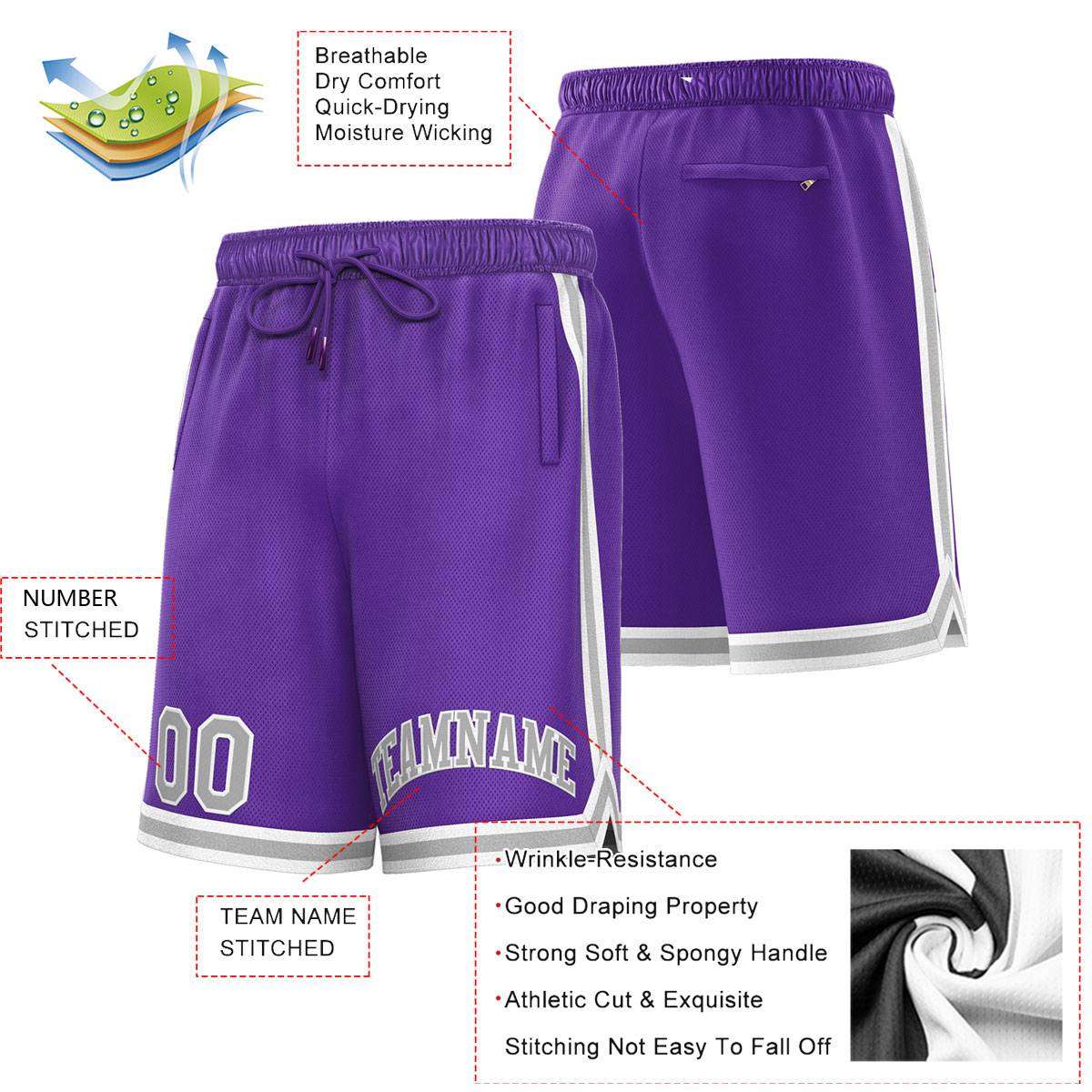 Short de basket-ball sport violet gris-blanc personnalisé