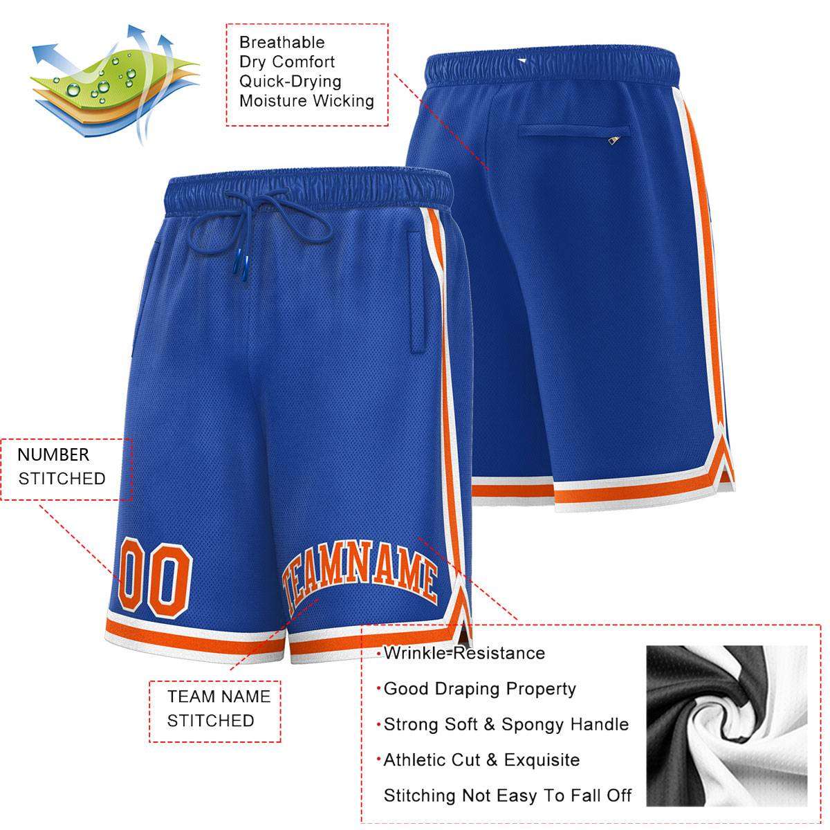 Short de basket-ball sport personnalisé Royal Orange-Blanc