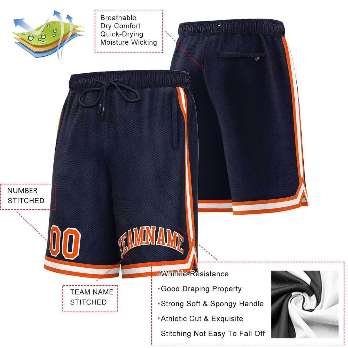 Short de basket-ball sport personnalisé bleu marine orange-blanc